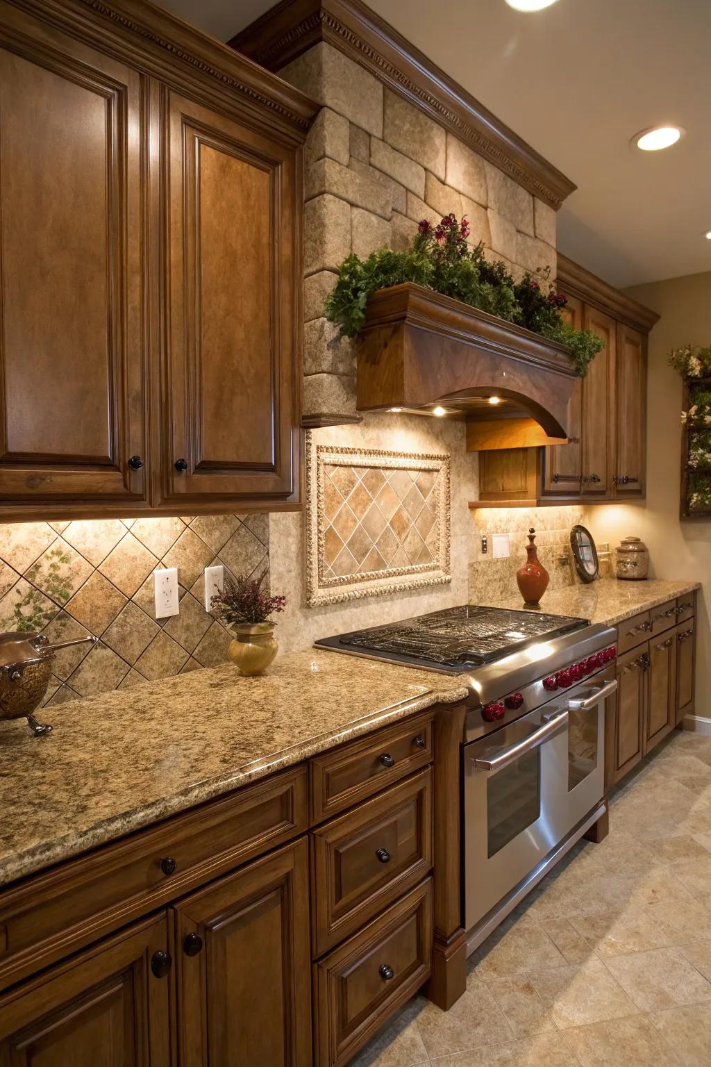 Natural stone tiles enhance the rustic charm of Golden Cascade granite.