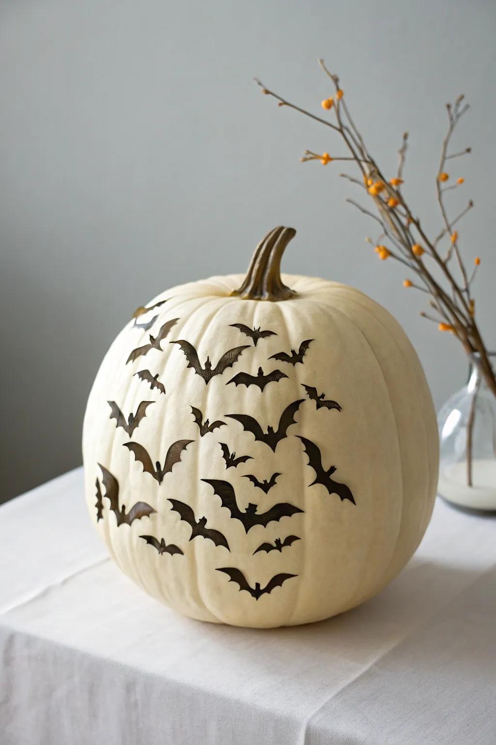 Elevate your Halloween decor with a simplistic, bat-swarming pumpkin. Craftsmanship meets natural beauty for an elegant spooky night.