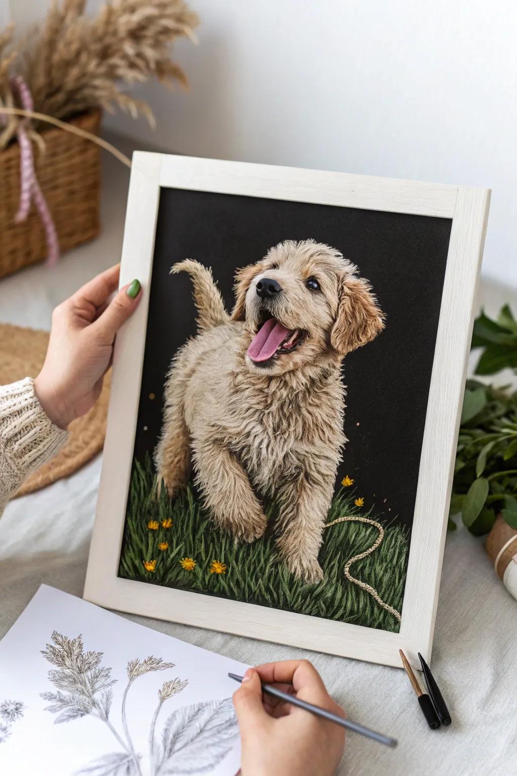 Bring joy and warmth to your space with this charming scratch-board puppy portrait, a perfect blend of minimalist elegance and boho charm.