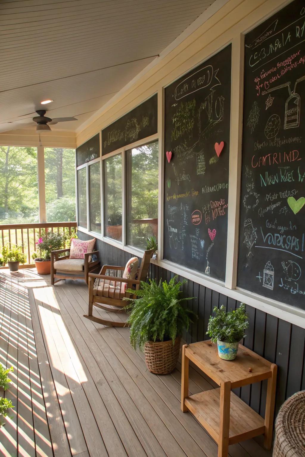 A chalkboard wall adds a playful touch to the porch.