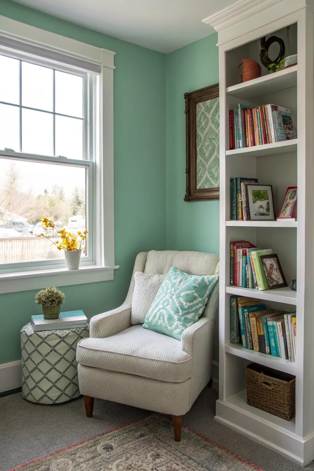 A relaxation space featuring calming green accents.