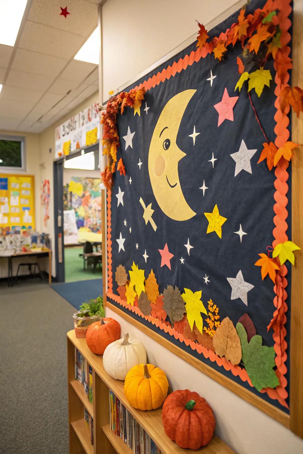 A harvest moon-themed bulletin board featuring celestial elements.