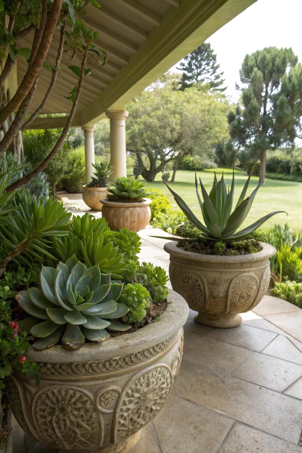 A shaded area with decorative pots featuring succulents for shady spots, such as Aeonium and Agave.