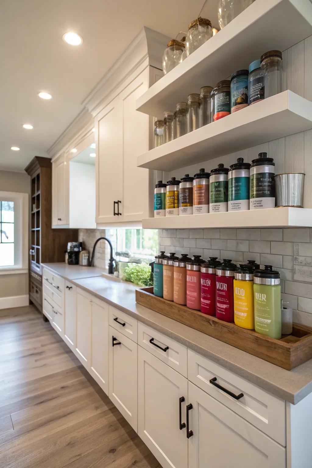Floating shelves offer a minimalist display for mixing containers.