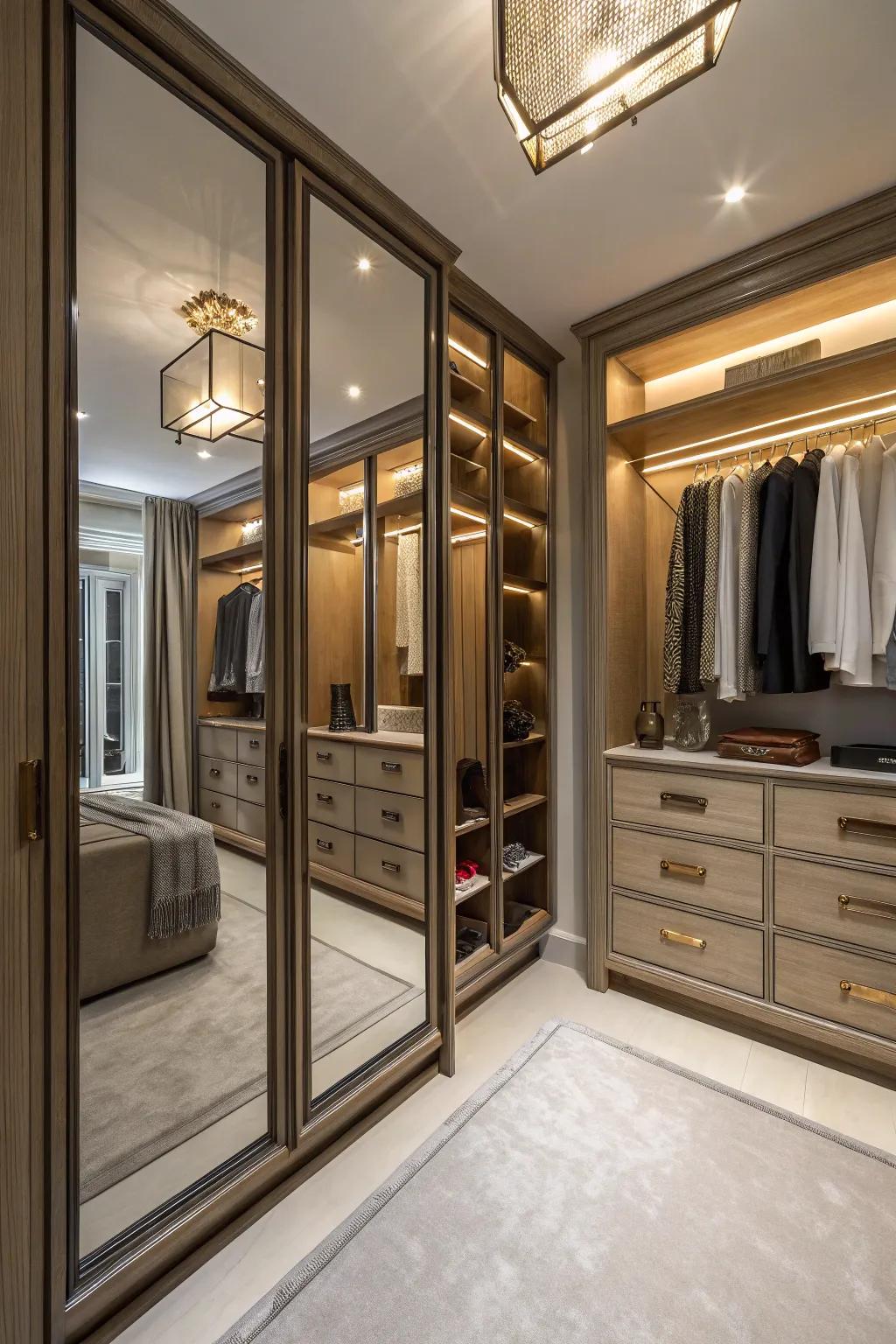 A closet featuring mirrors strategically positioned to amplify dimension.