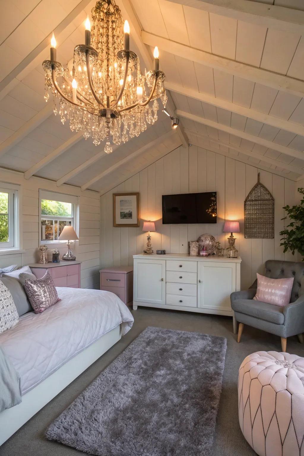 A chandelier enhances the shed bedroom by having a hint of elegance.