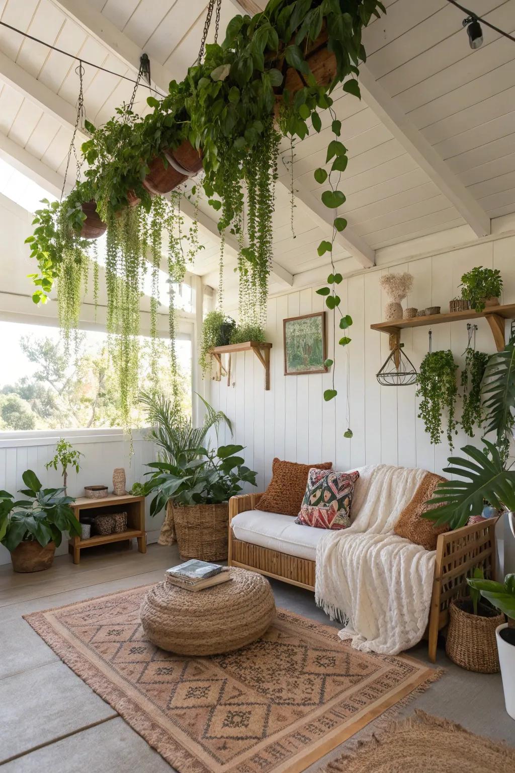 A serene sanctuary featuring foliage dangling from the shed ceiling.