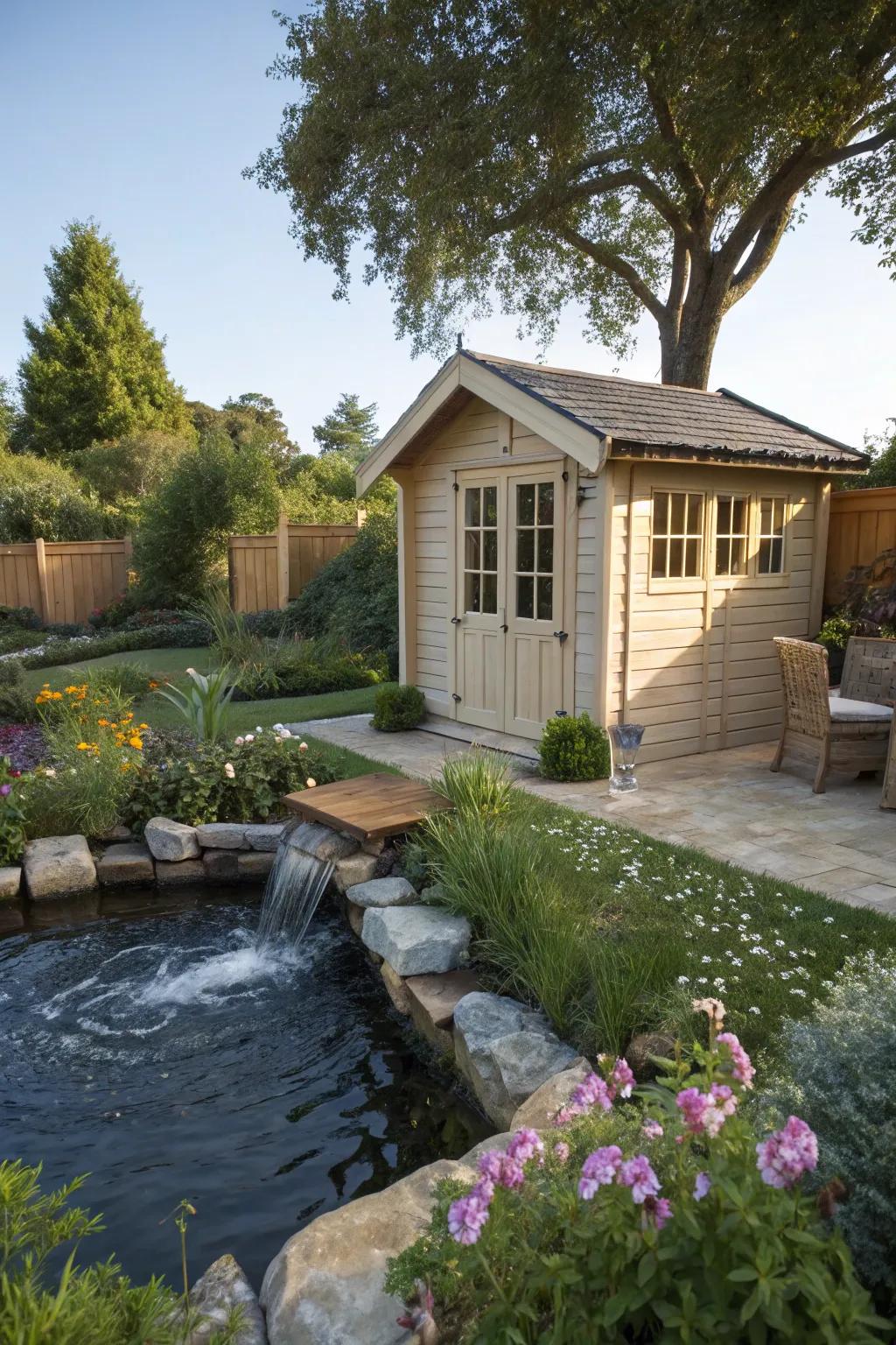 A garden shed enhanced with a calming water feature to encourage increased tranquility.