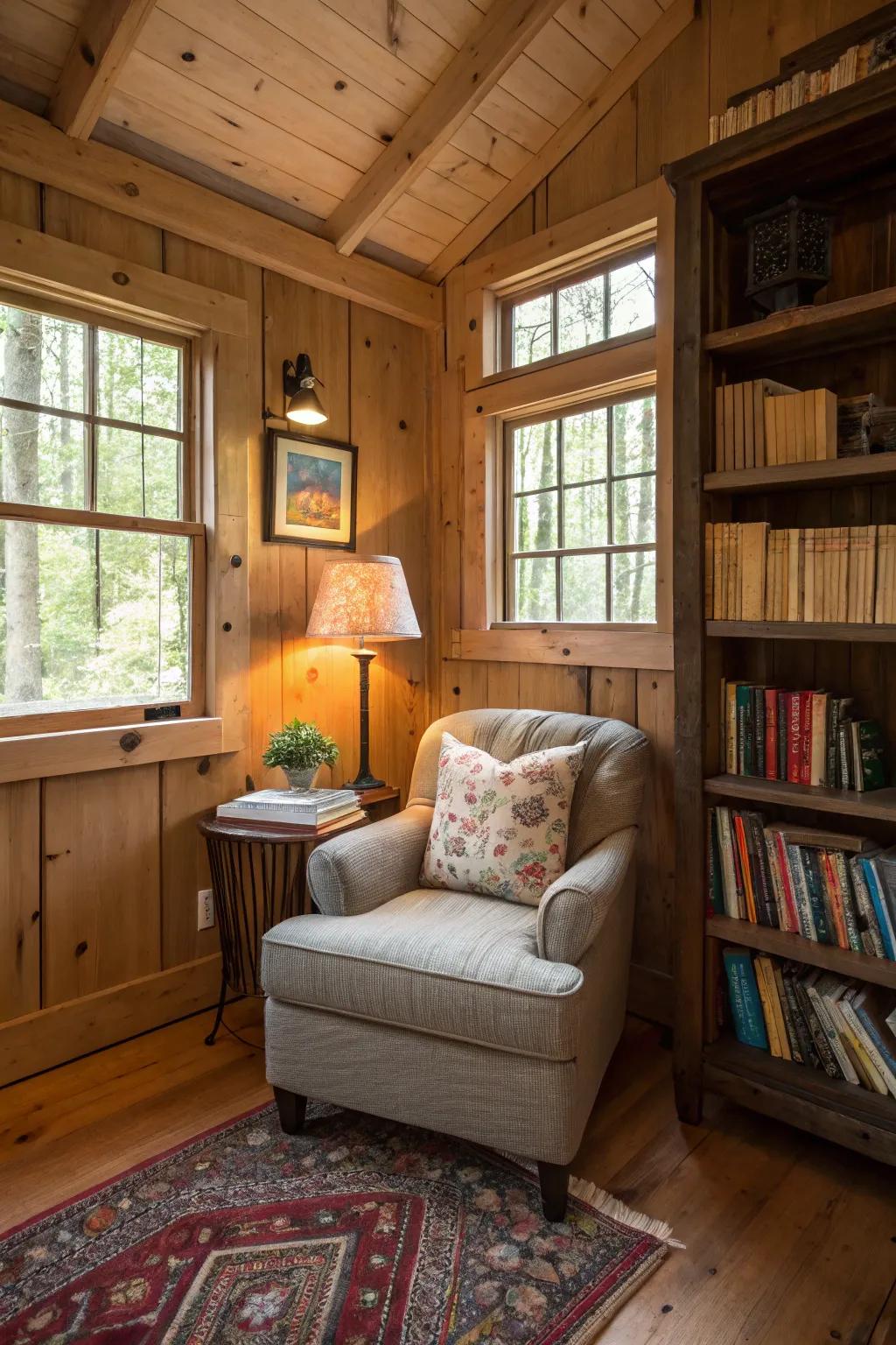 A serene reading alcove in a garden shed home, perfect for relaxation.