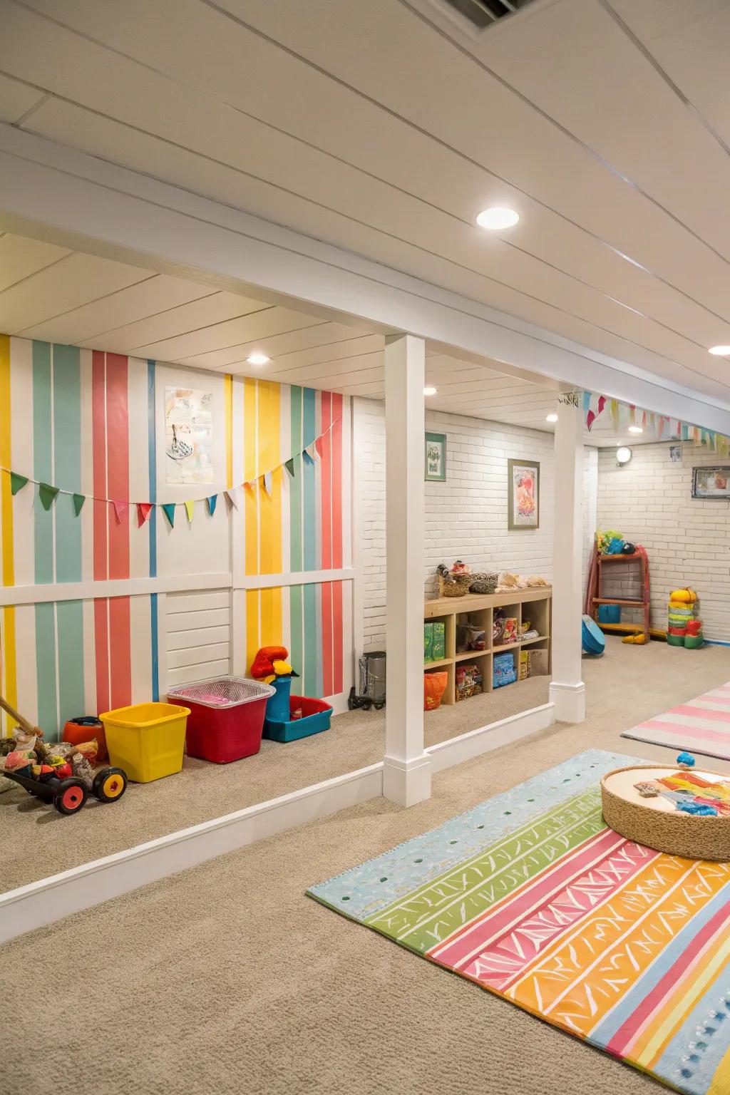 A playful kids' area in the basement showcasing colorful grooveboard walls.