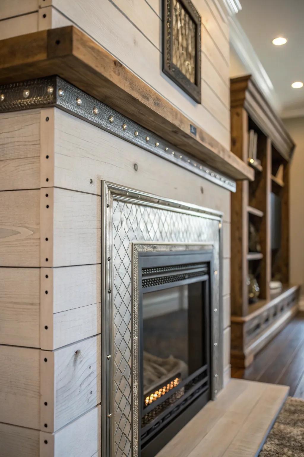 Mixed textures, including metal and wood, add dimension to the shiplap fireplace.