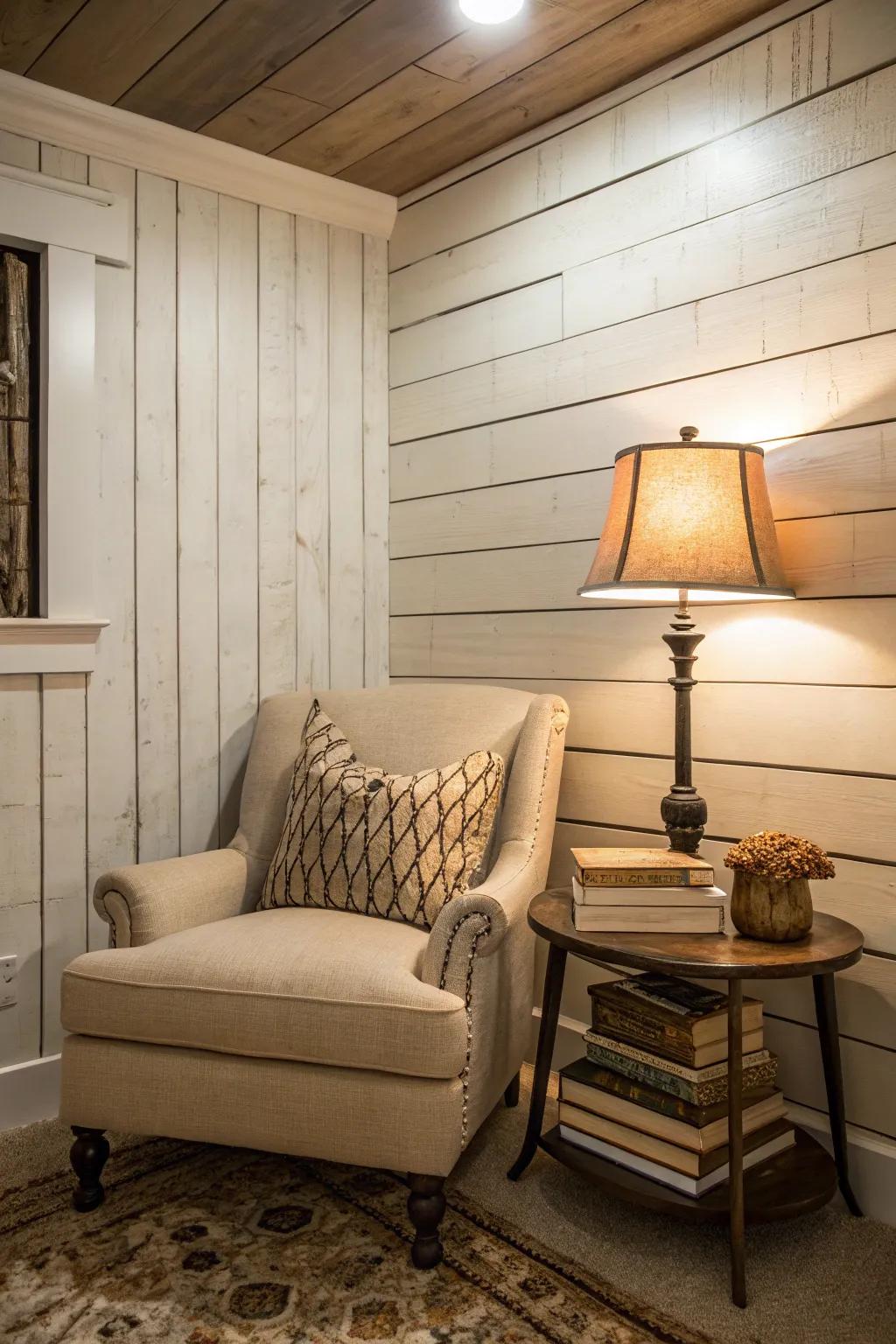 A serene reading nook enhanced by shiplap.