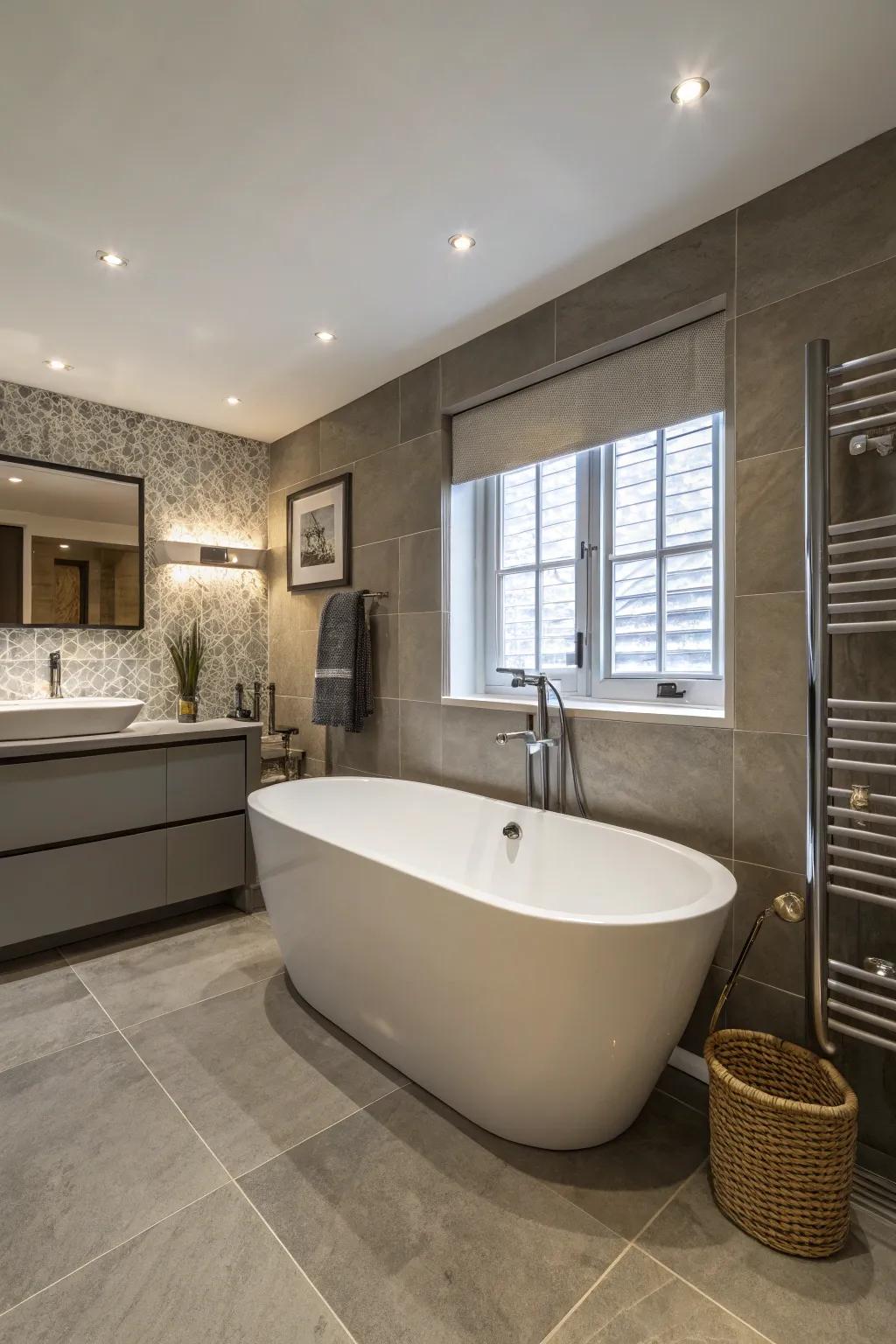 Freestanding tub adding opulence and extravagance.