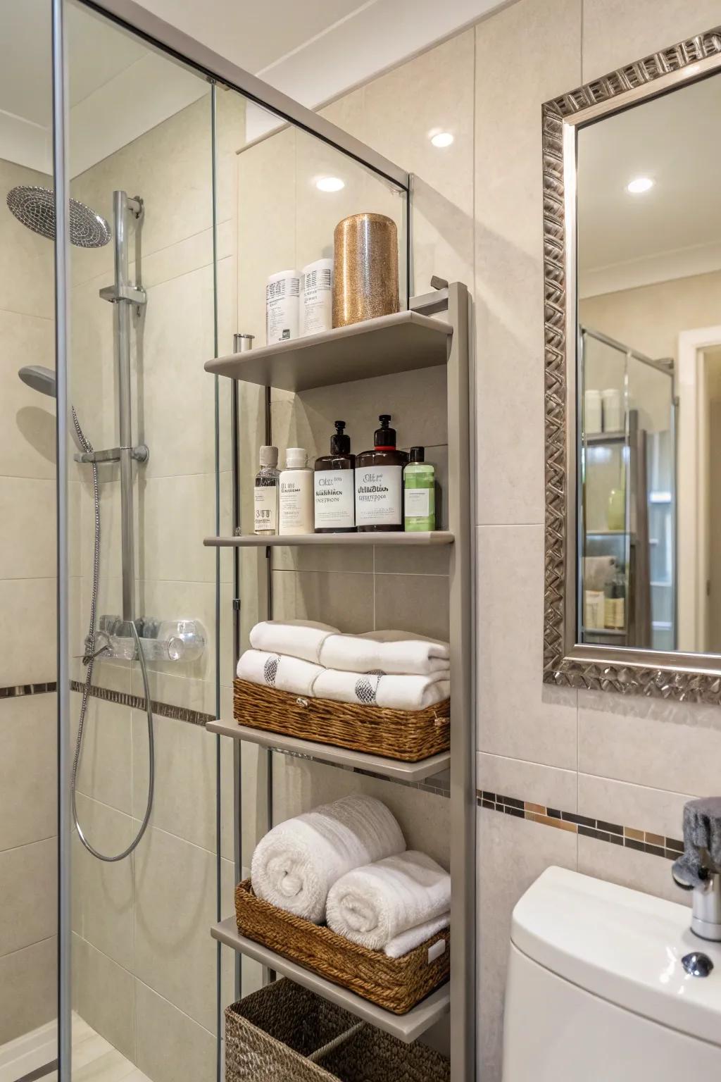 Shelves with mirrors maximize space and functionality.