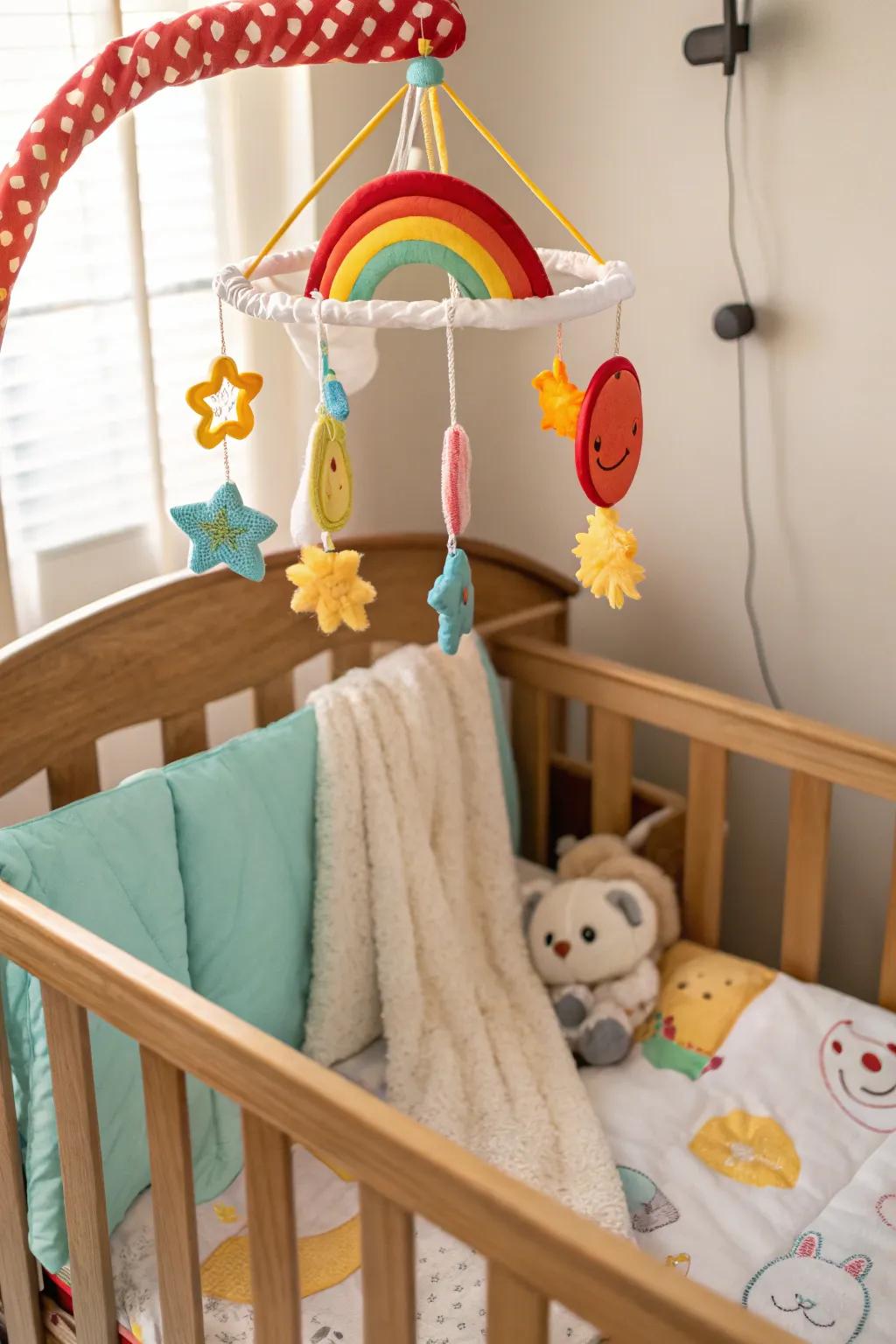 A colorful baby mobile adding a whimsical touch to the nursery.