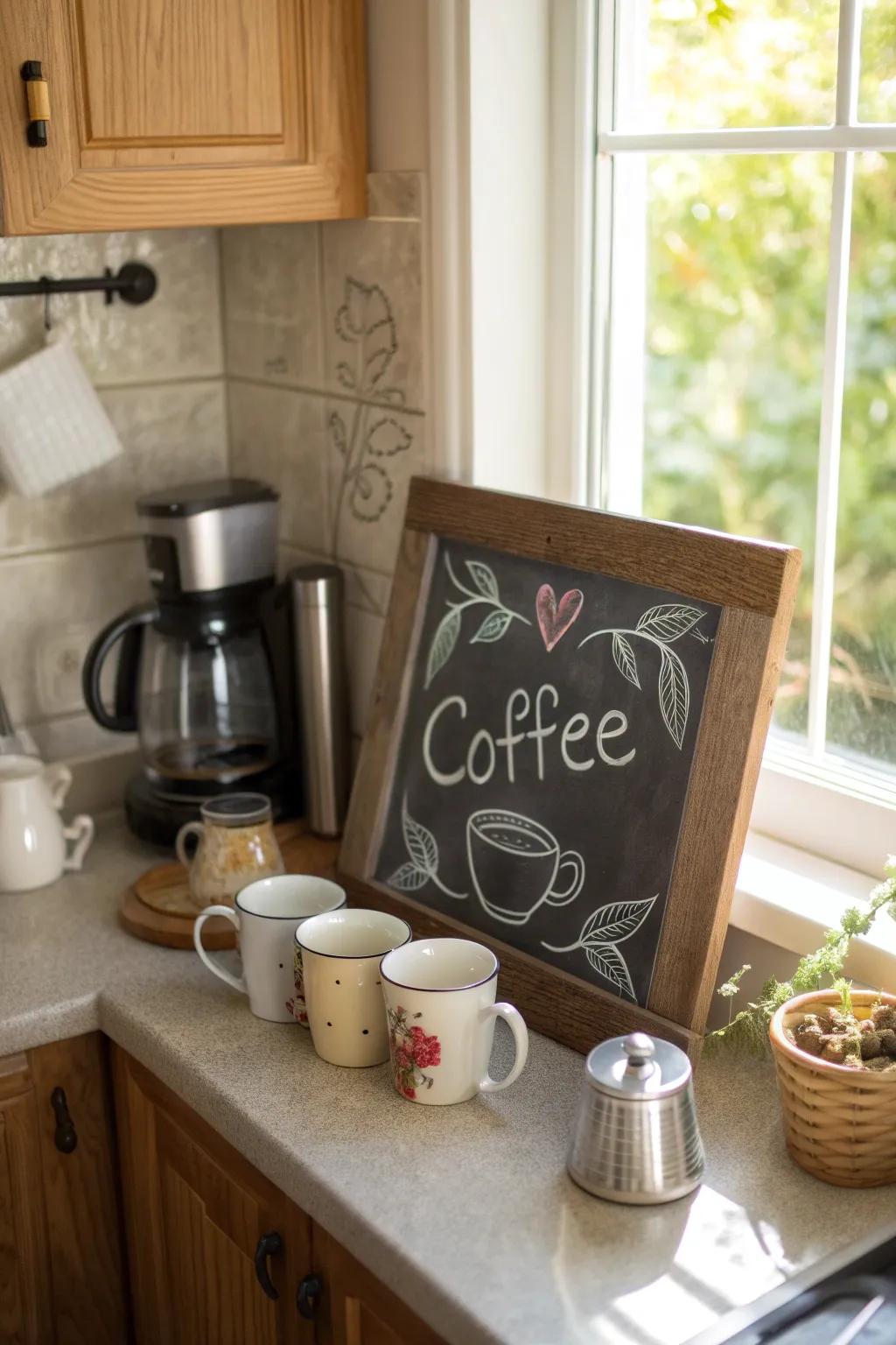 A kitchen chalkboard featuring a coffee-themed quote.