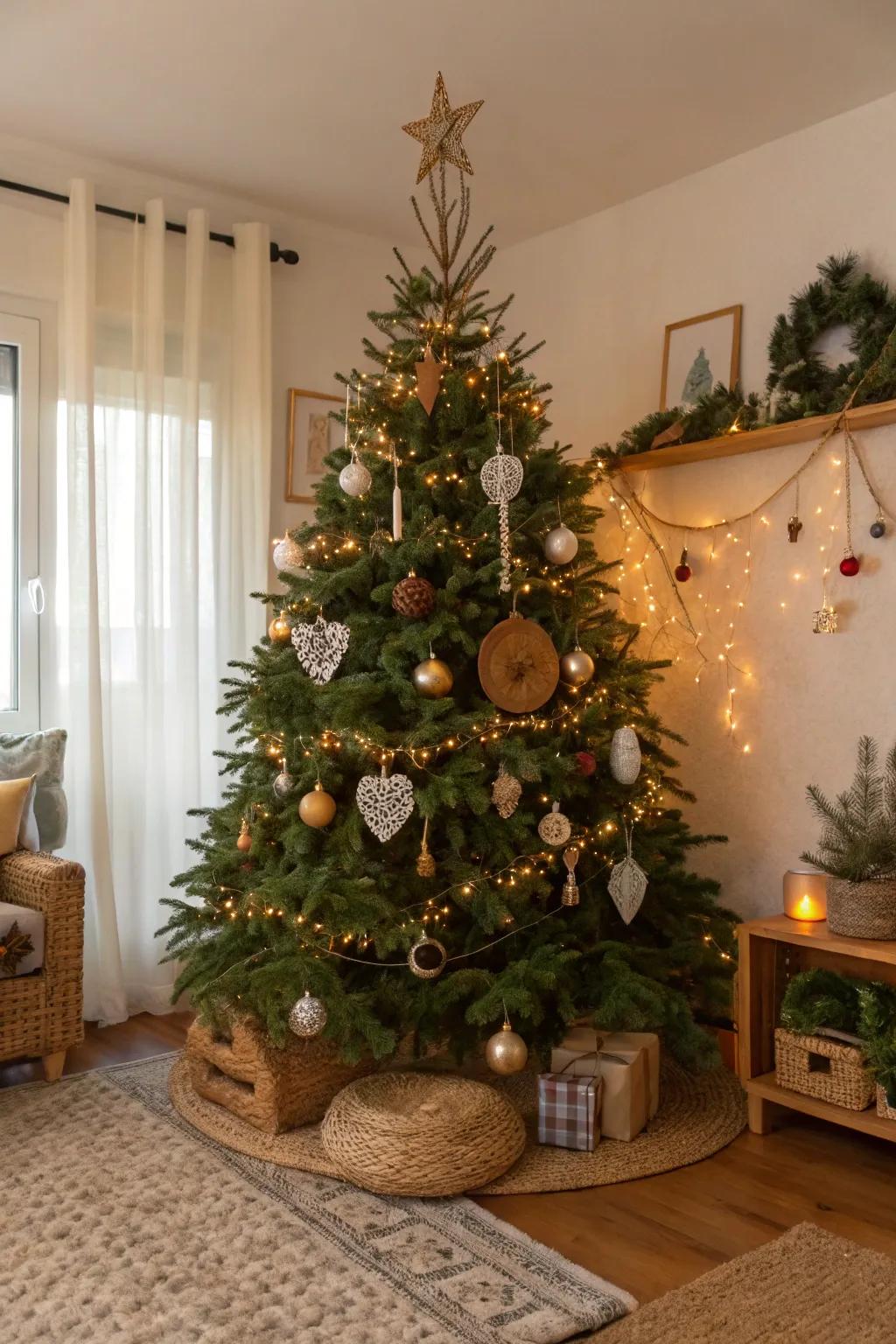 Eco-friendly sophistication with recycled ornaments.