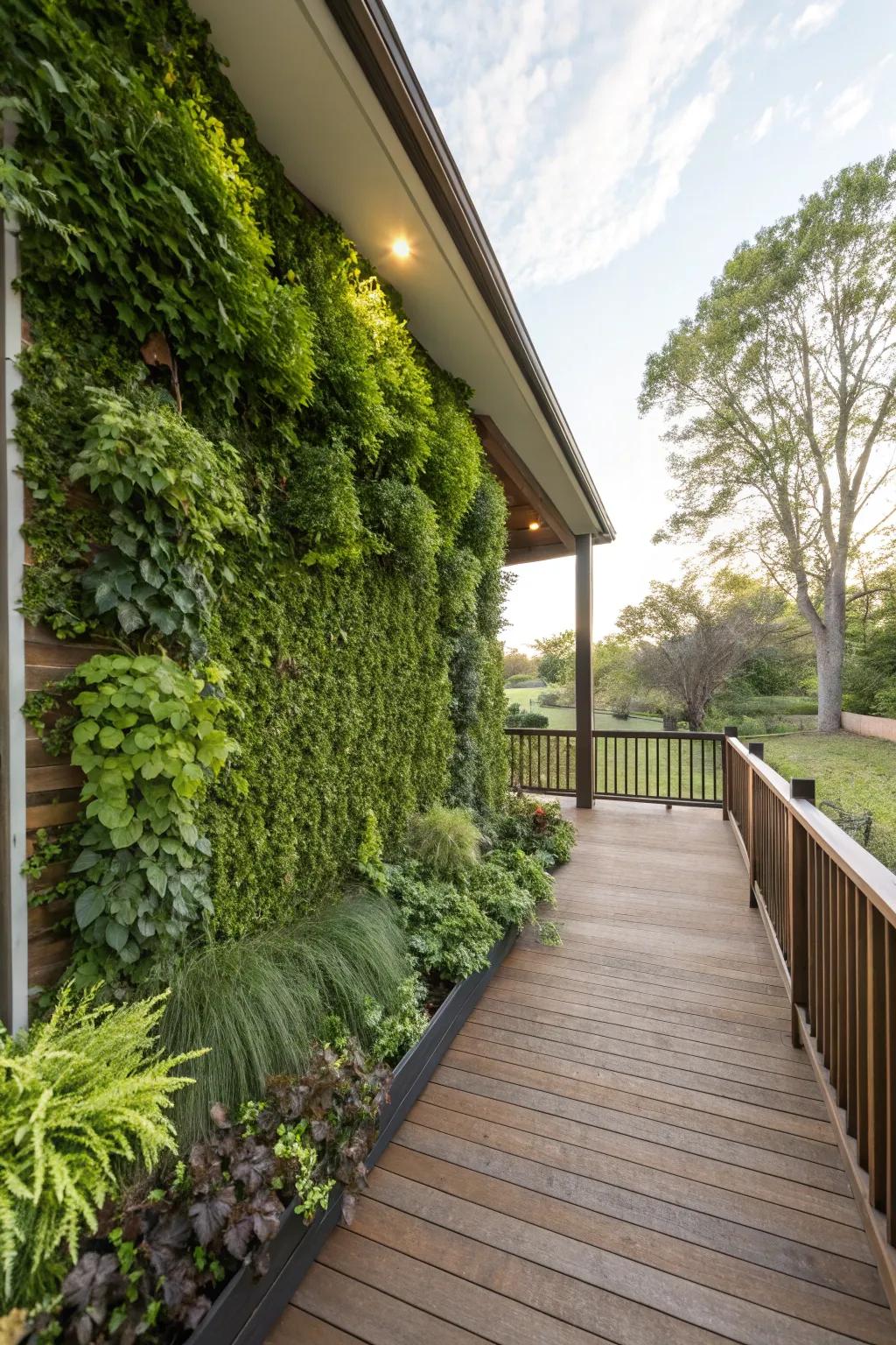 A vertical garden wall brings a refreshing green backdrop to the porch.