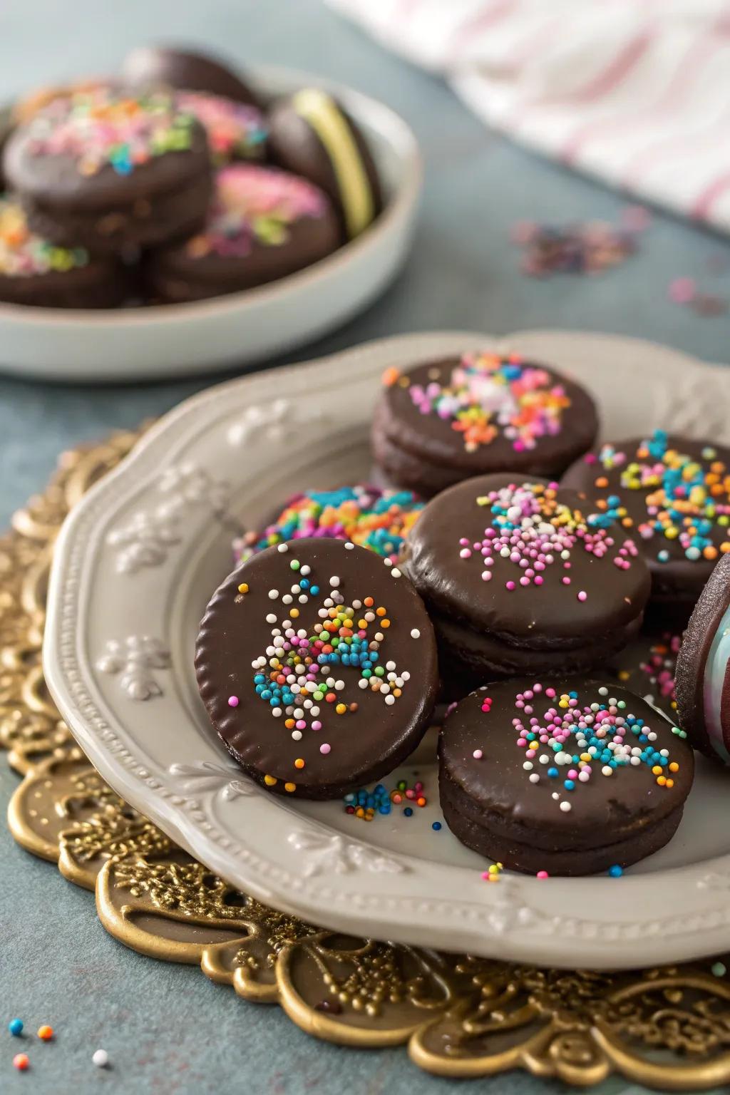 Mouthwatering cocoa-enrobed sandwich biscuits, an unassuming and delightful treat.