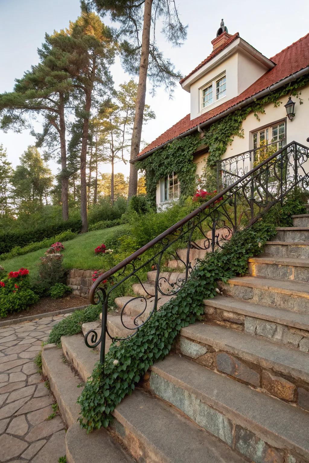 Iron volutes add vintage charm and elaborate beauty to handrails.