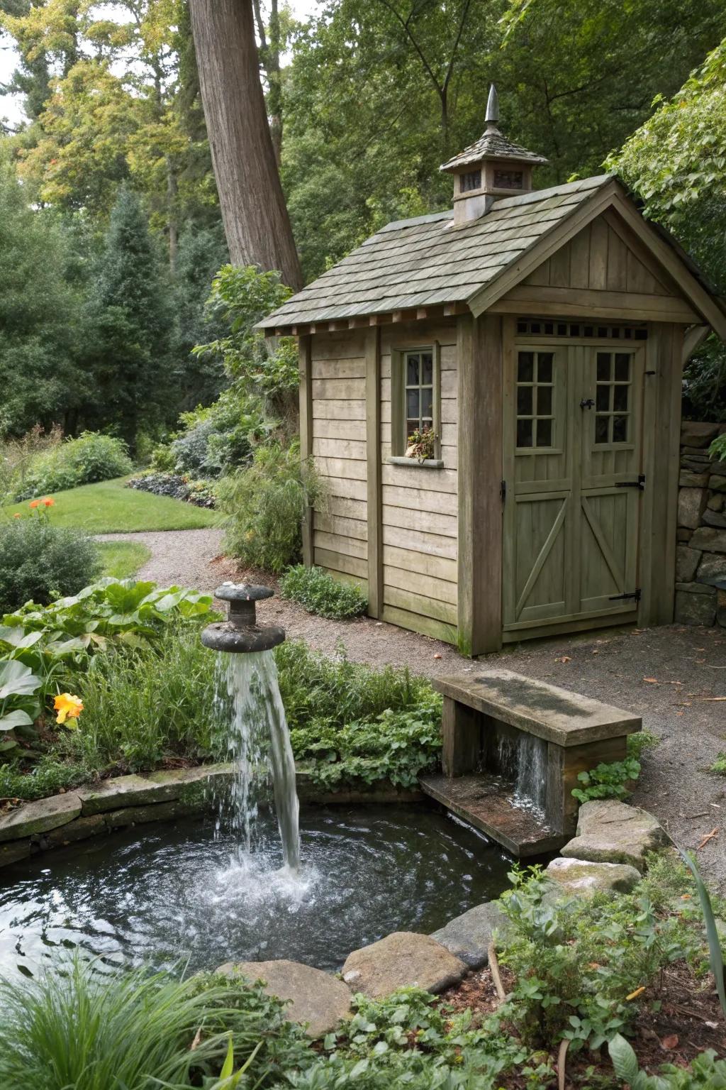 A water element introduces peace and sophistication to your shed's landscape.