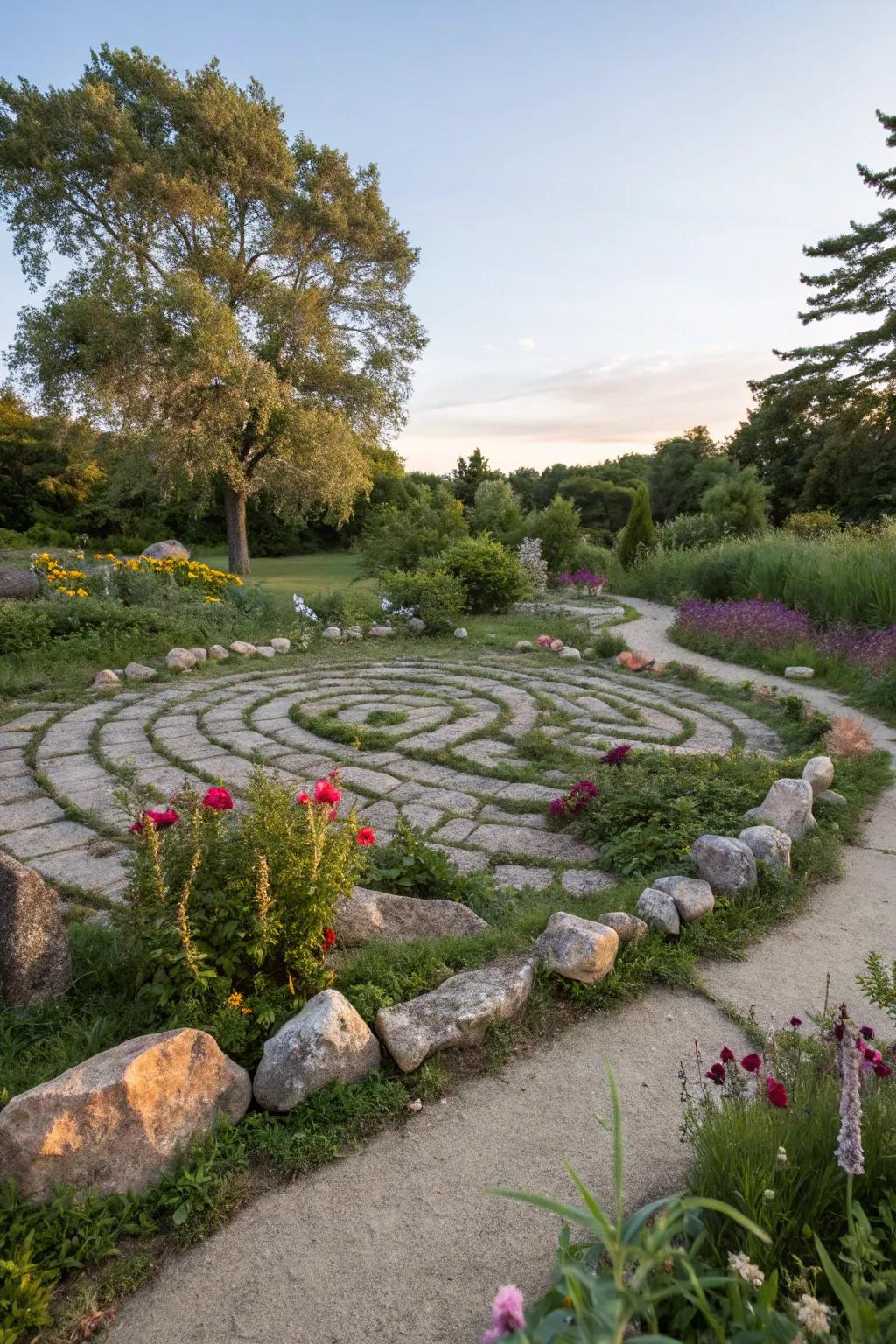 Rock labyrinths encourage introspection and exploration in gardens.