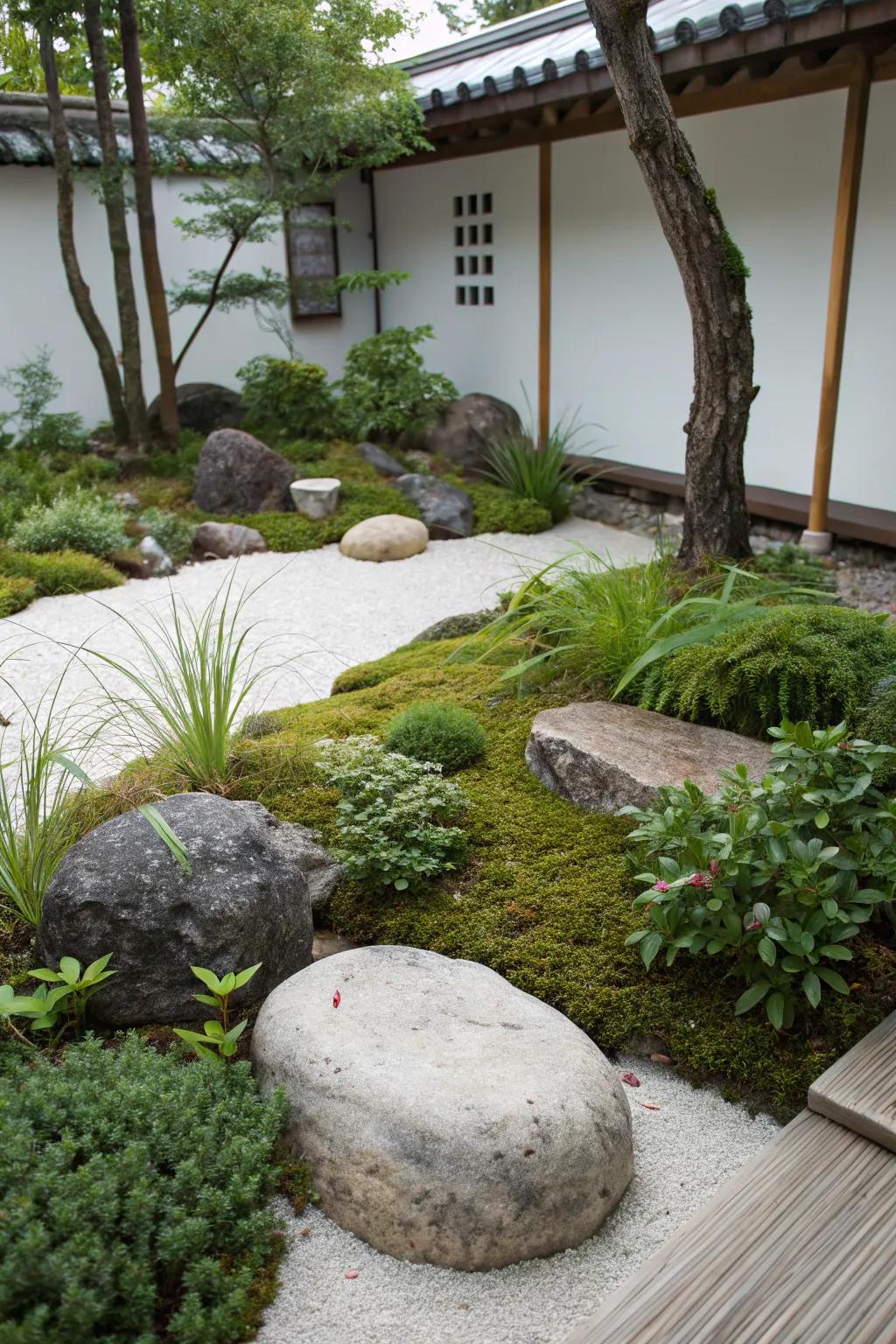 A zen garden featuring an asymmetrical arrangement of stones and flora for vibrant harmony.
