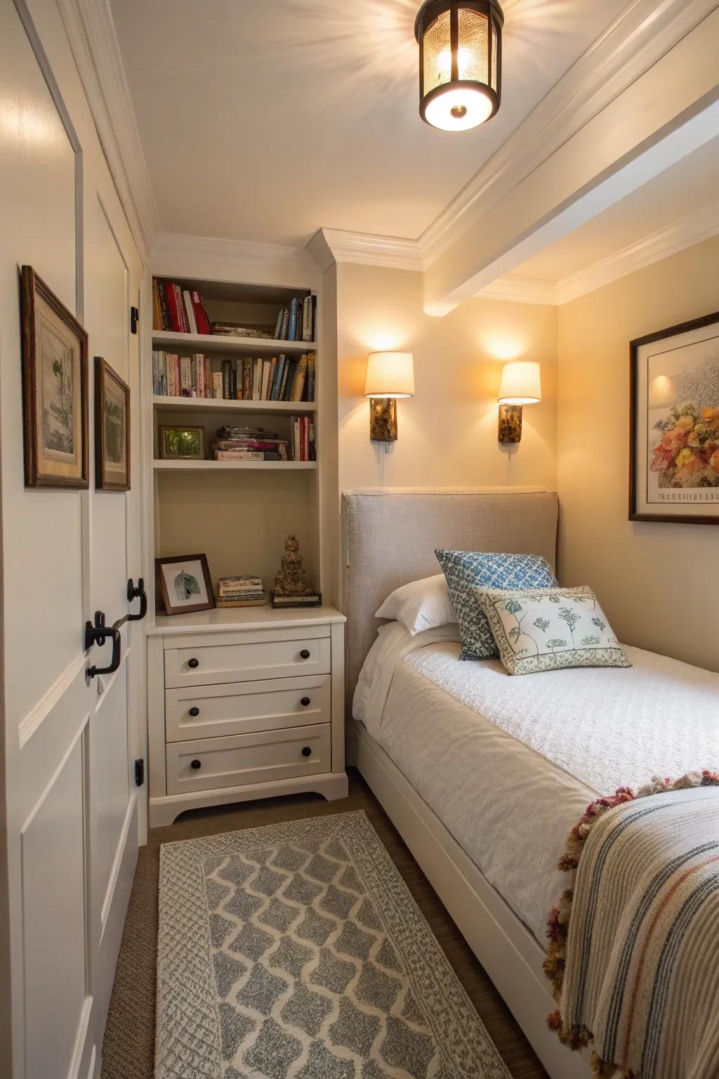 A small bedroom is using wall sconces to save space and add light.