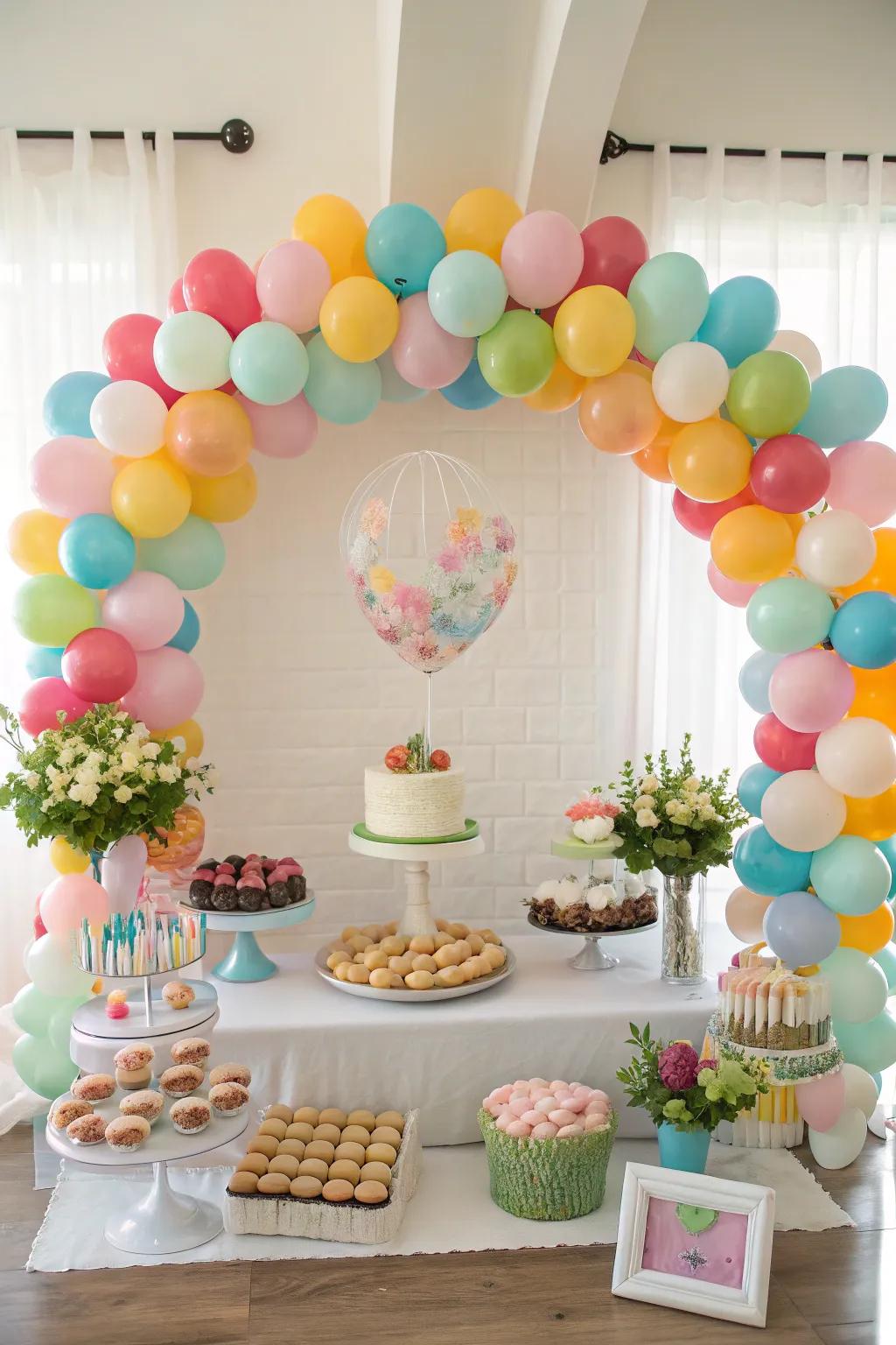 A celebratory balloon feature that enhances the dessert table.
