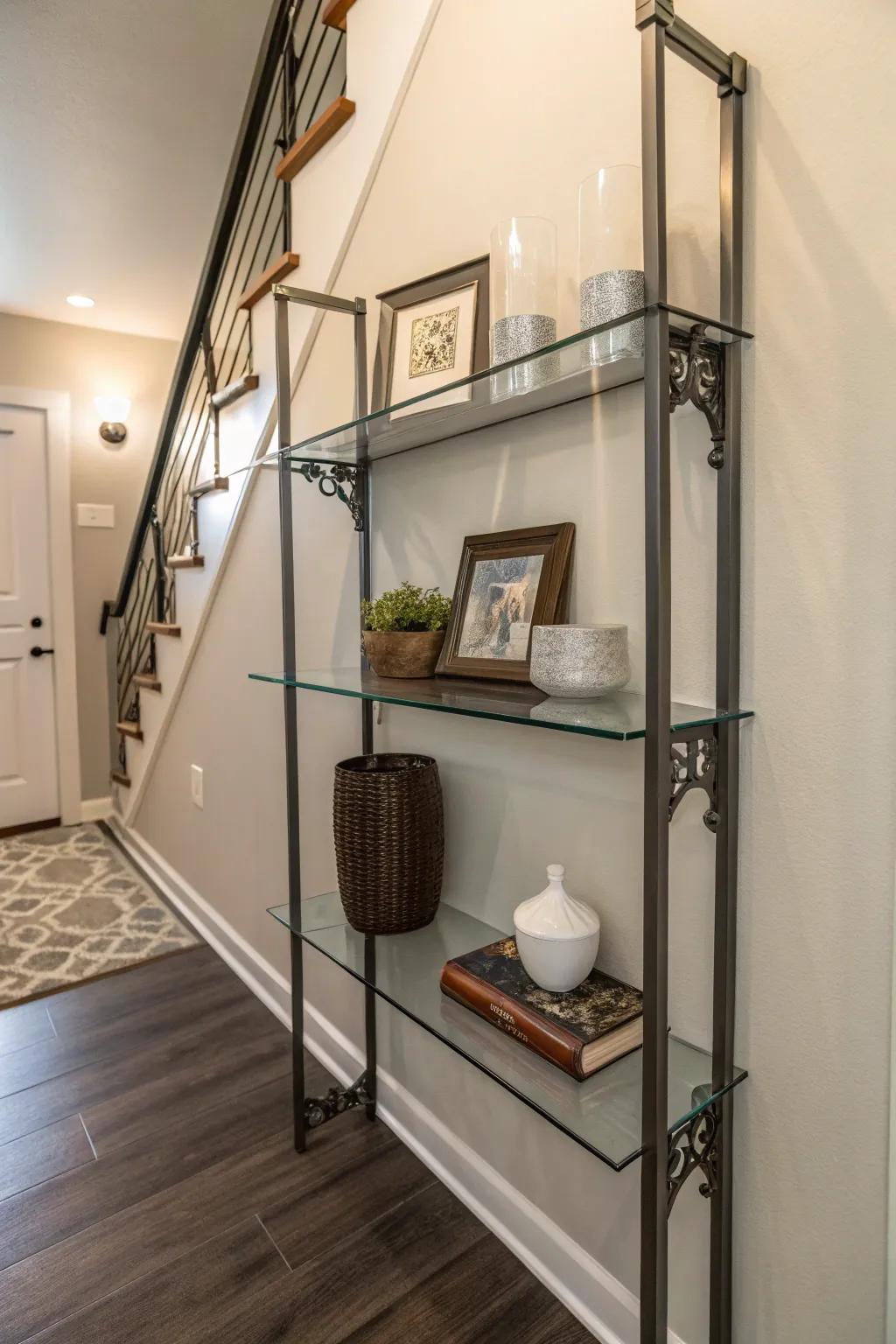 A glass and metal shelf adds a modern touch to compact spaces.