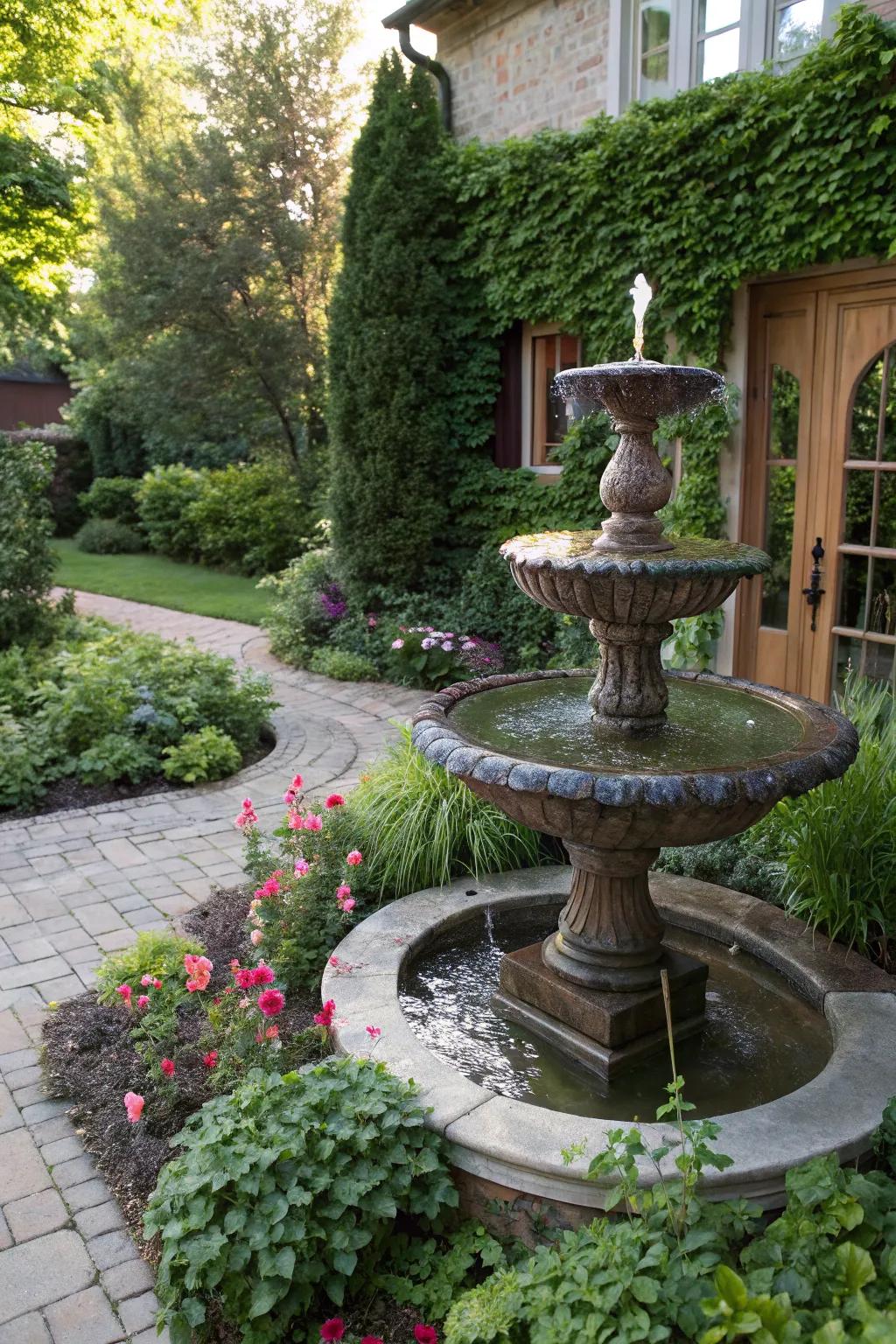 A garden artwork water feature adds artistic flair.
