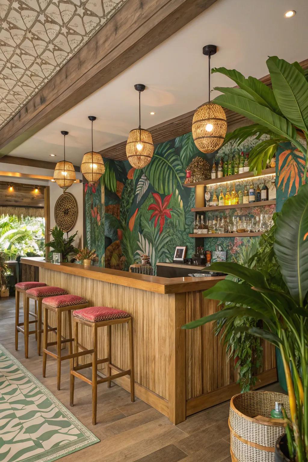 Tropical themes deliver a sense of relaxation and escape to your home bar.