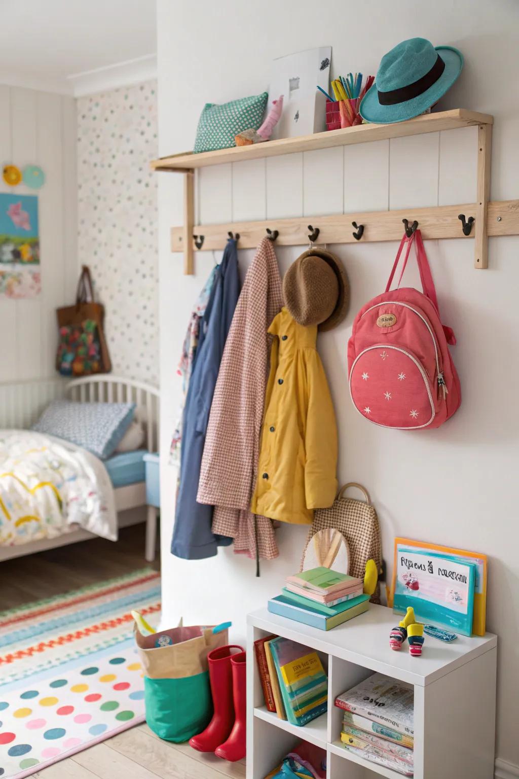 Peg rails provide charming and adaptable storage options.