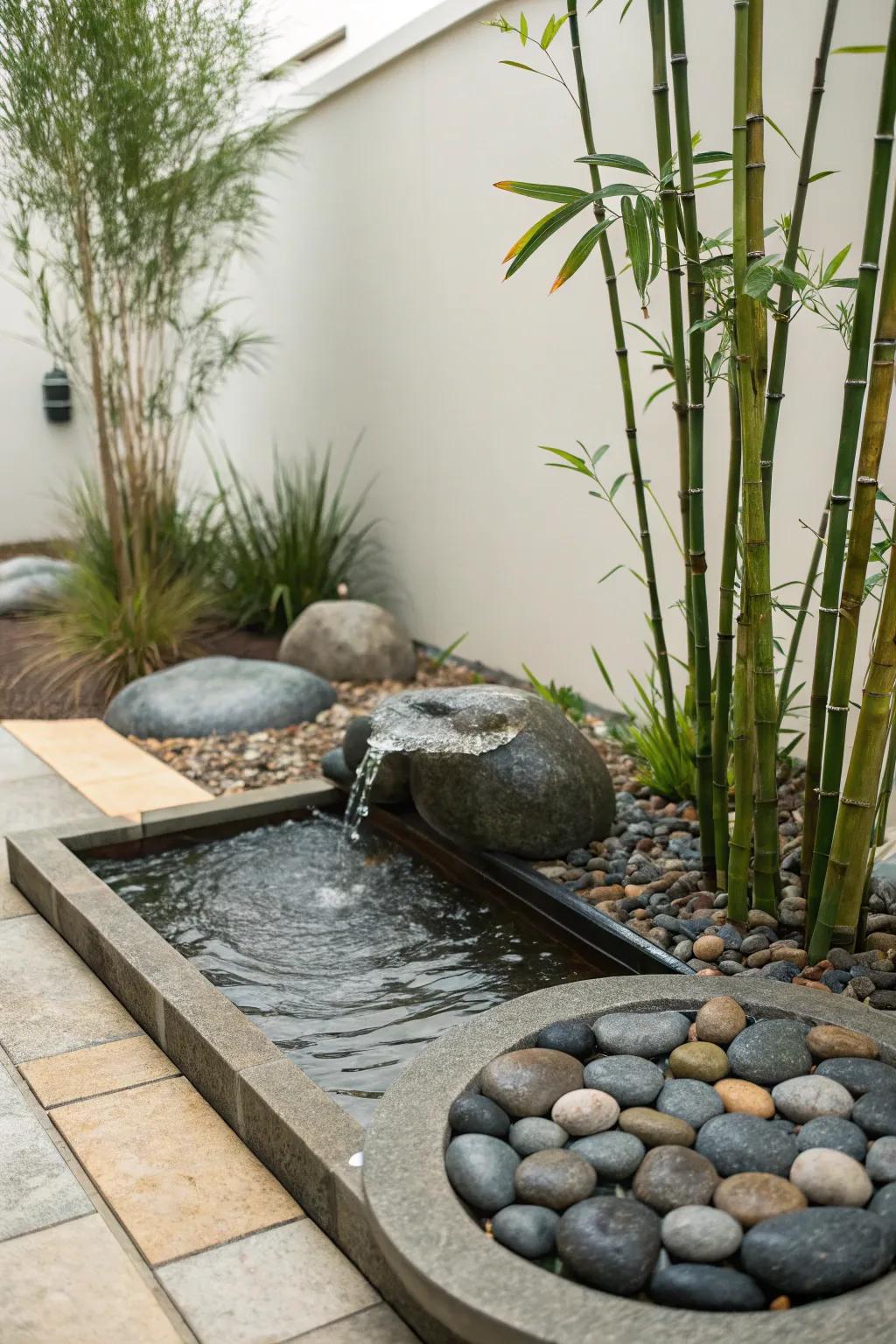 A meditation corner offers a serene getaway in a compact garden setting.