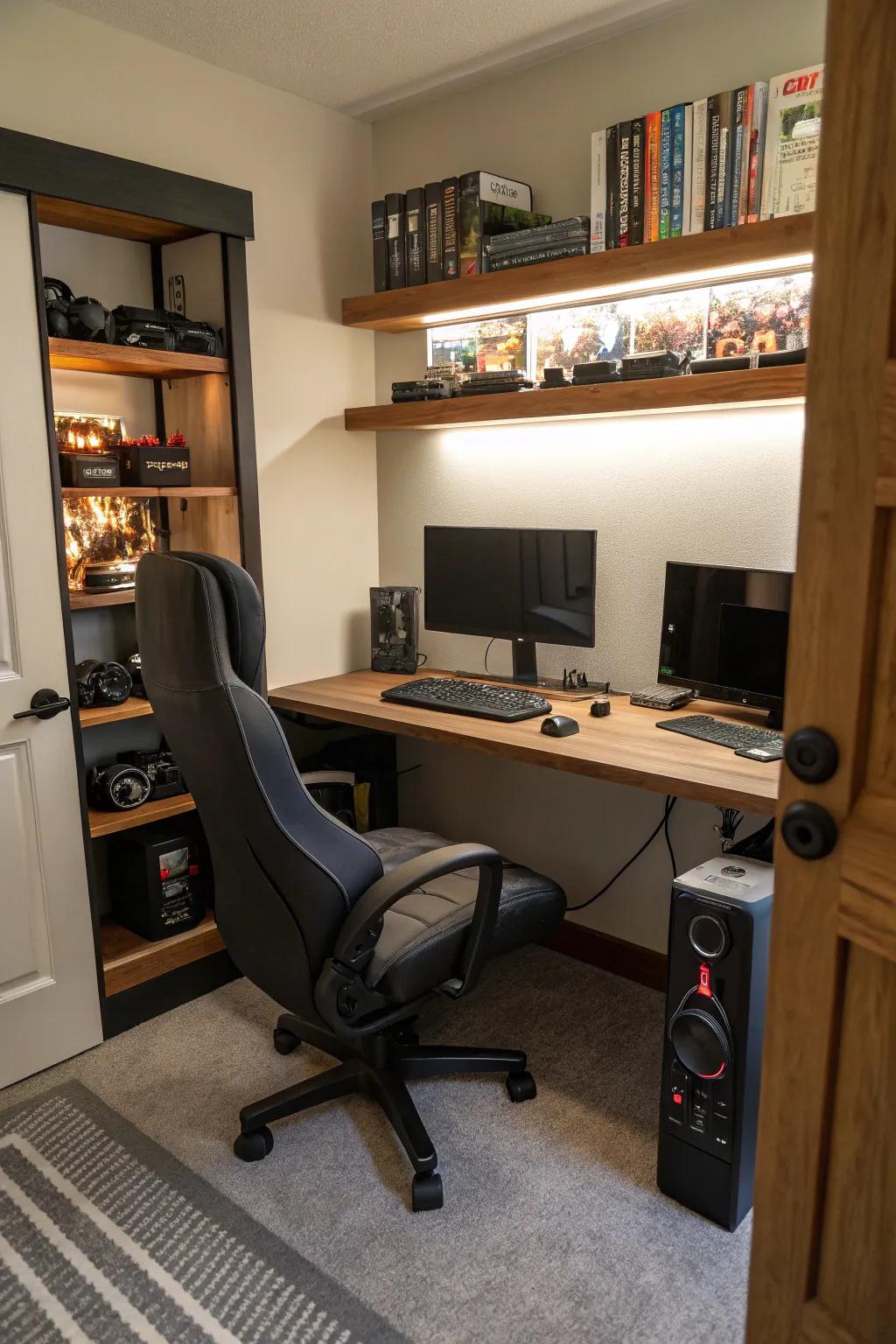 A gaming post showcasing ergonomic seating transforms the area into a gamer's paradise.