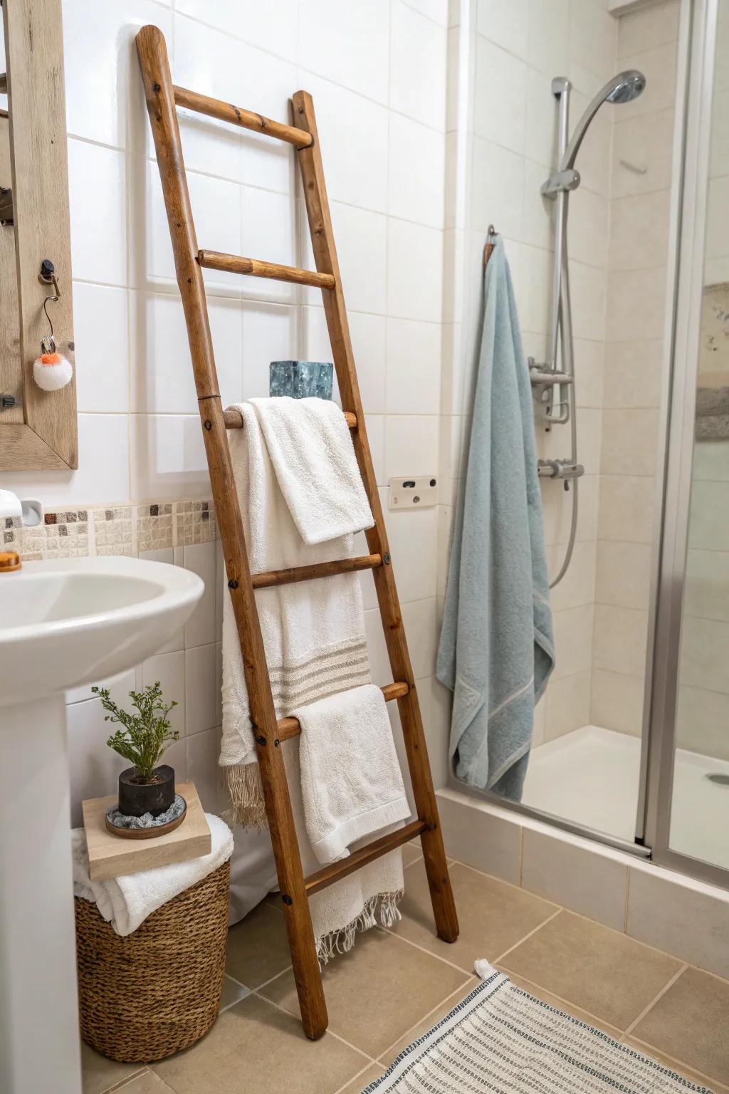 A ladder fabric holder adds charm and function without taking up much space.