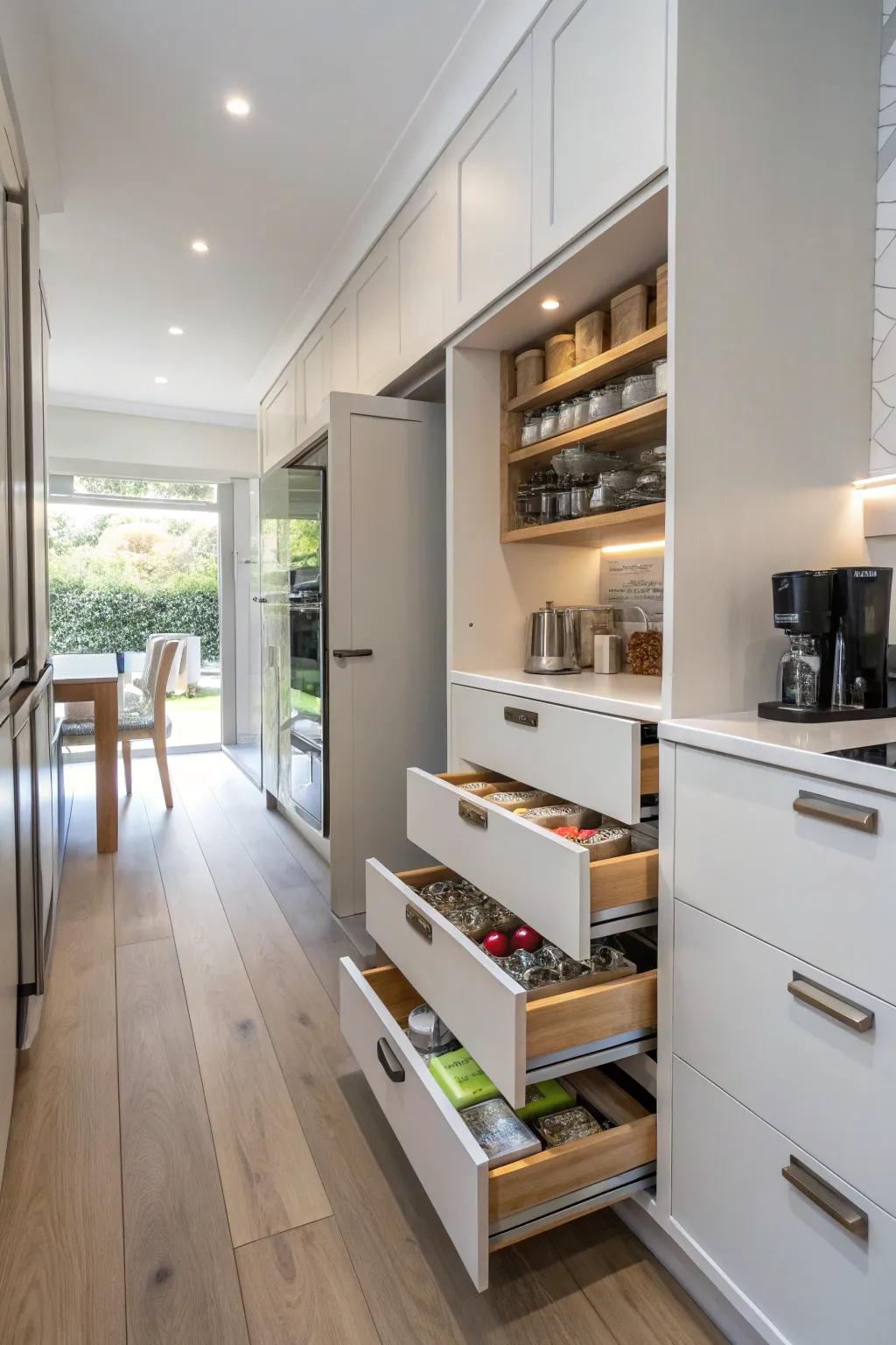 Concealed storage preserves a polished and orderly aspect within this cooking area.