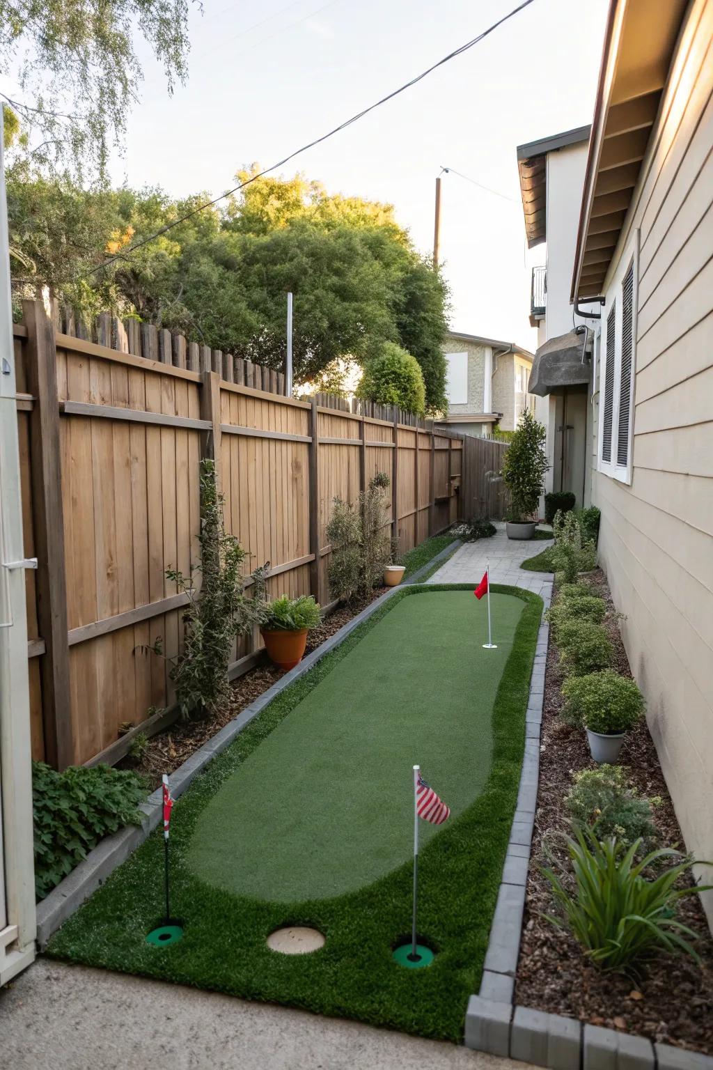 A mini putting green adds fun and function to narrow side yards.