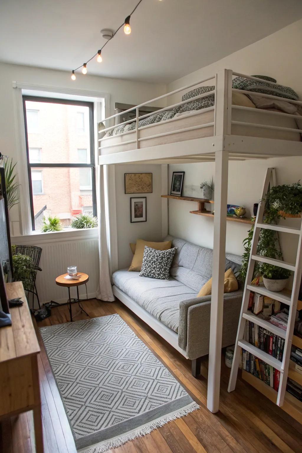 A bed in the air is a smart way to make the most of space that goes up and down.
