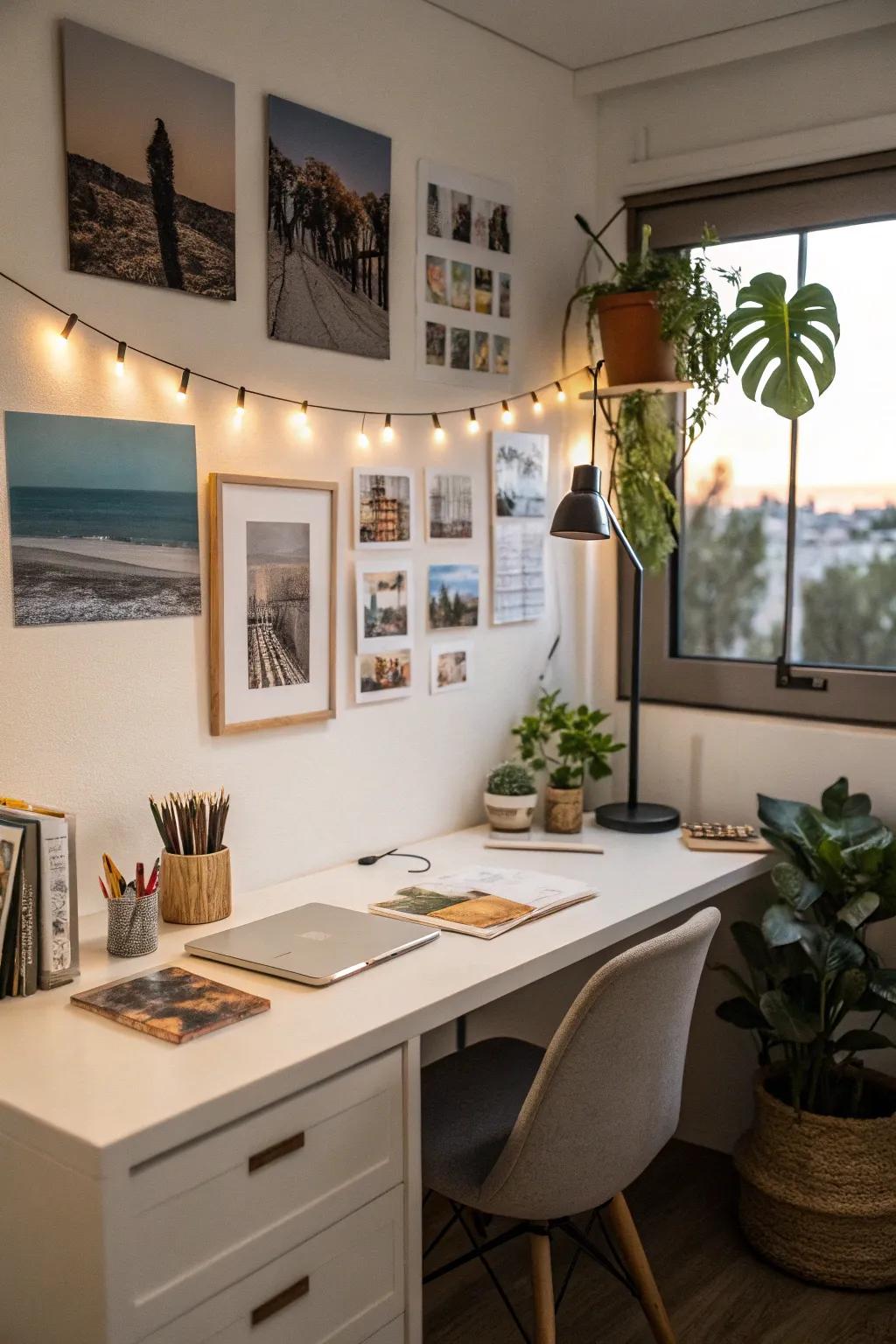 Personal touches in an office space, adding a sense of warmth and character.