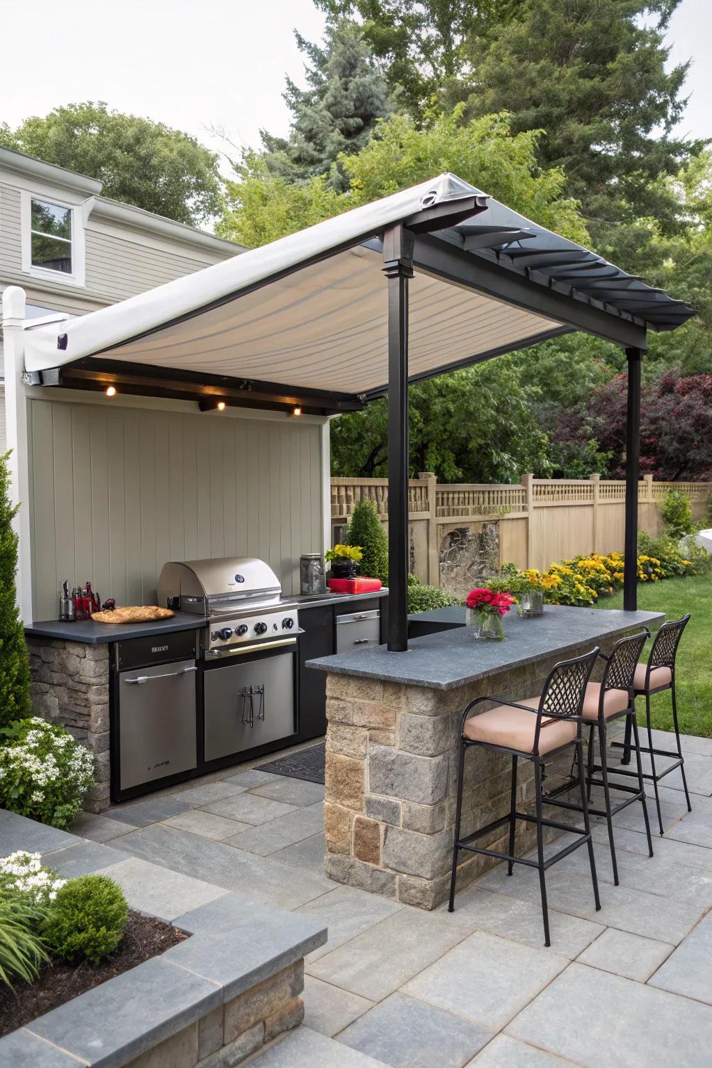 A slide-out awning conforms to any meteorological circumstance.