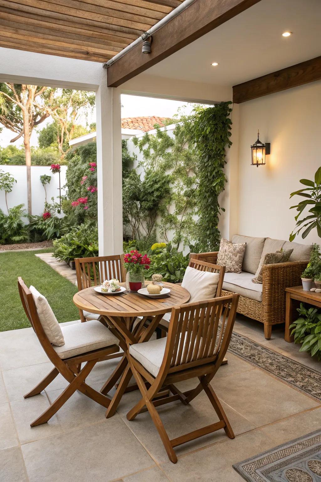 A small patio cleverly split into useful areas.