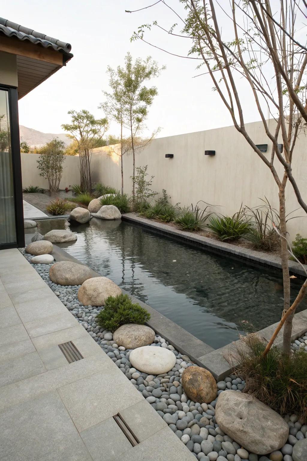 A Zen-inspired pool space with minimalistic design promotes relaxation and peace.