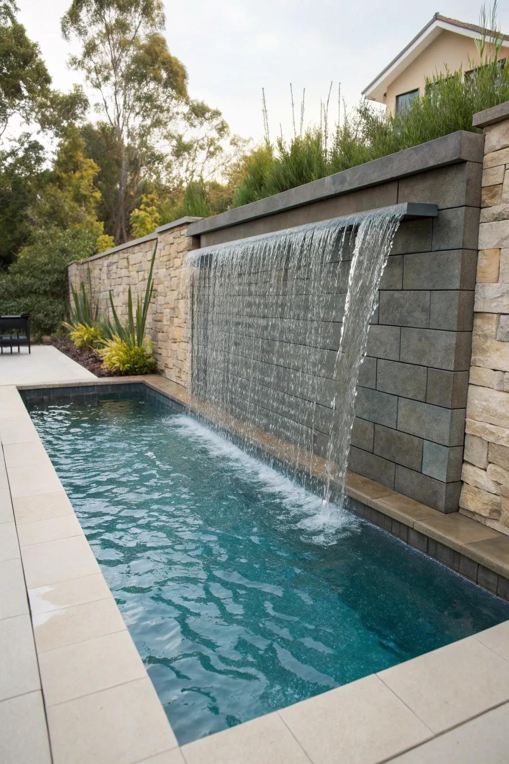 Tiered aquatic walls impart a tranquil resonance and stunning visuals.