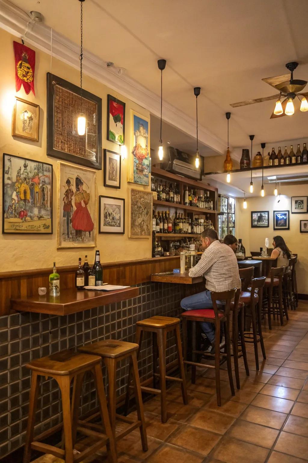 Regional artistry contributing distinctive character and appeal to a cozy restaurant bar.