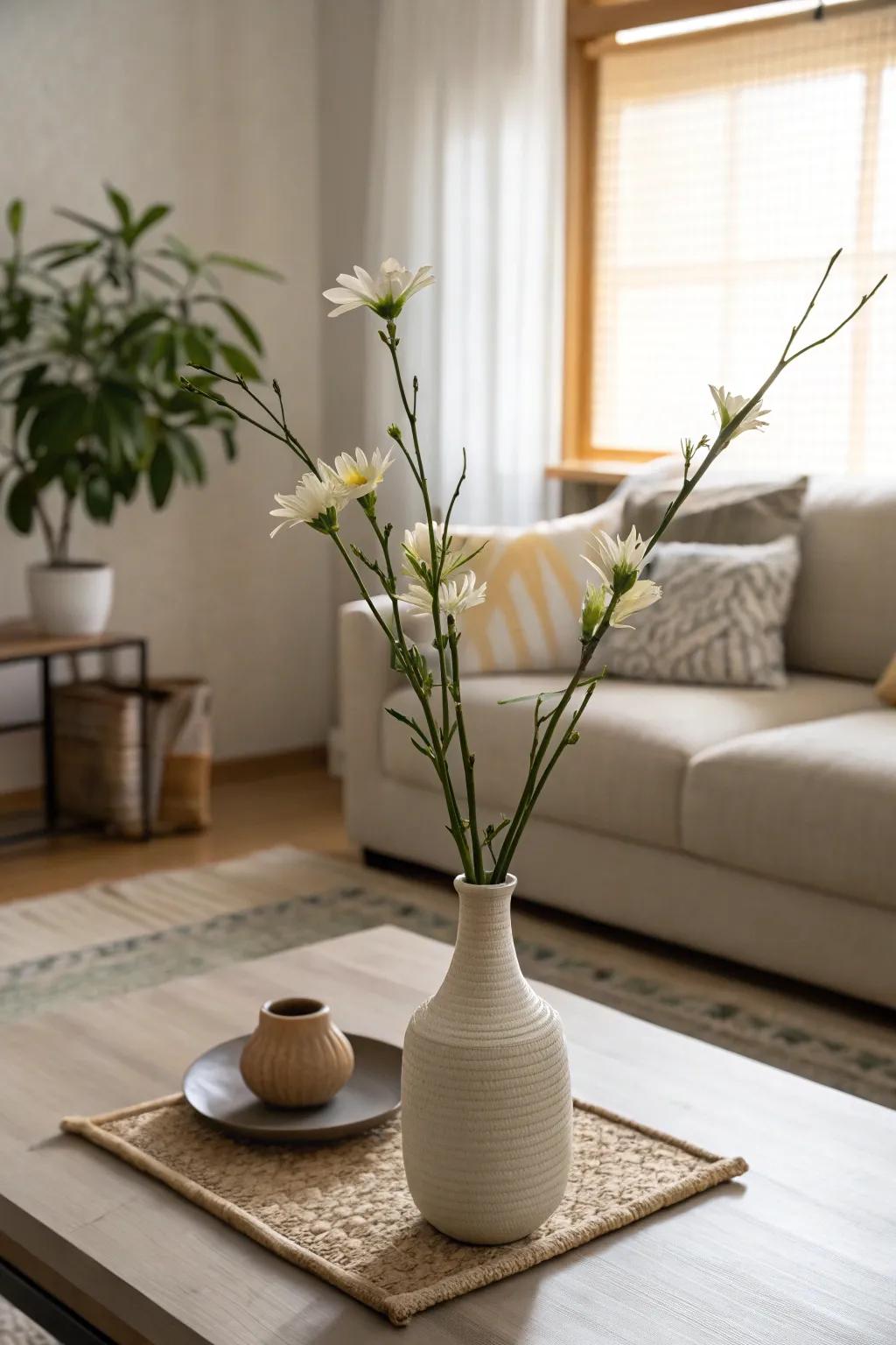 Simple Ikebana showcases the beauty of each individual flower.