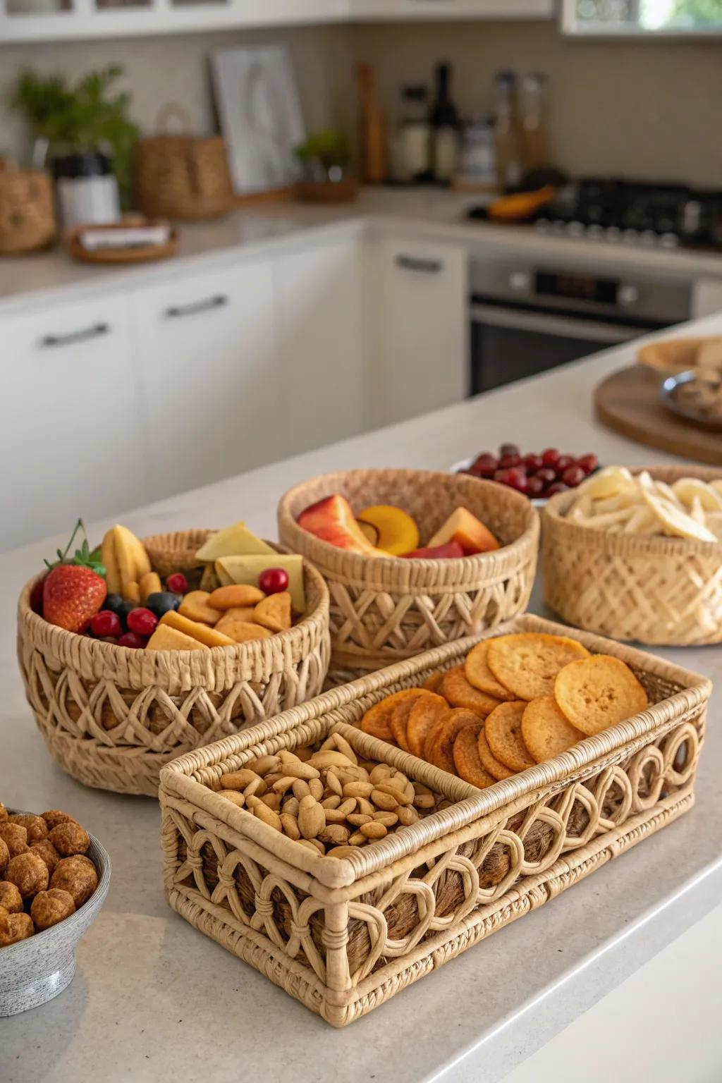 Decorative organizers combine style and functionality in snack storage.