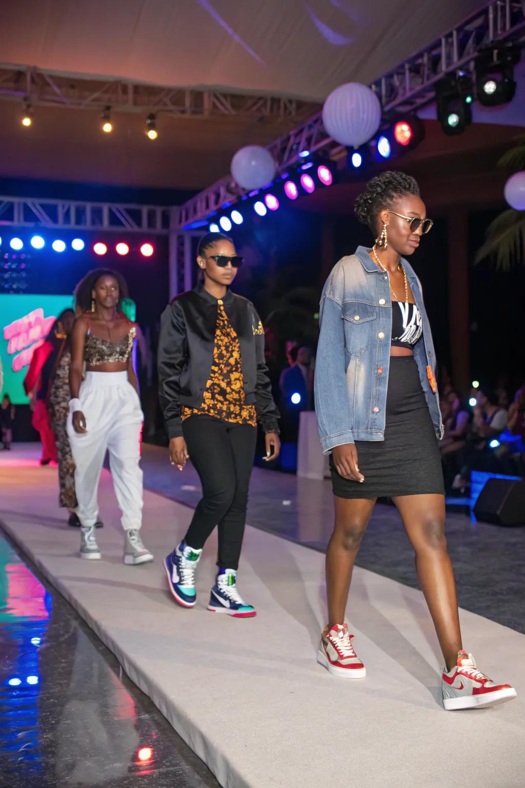 Visitors exhibiting their unparalleled sneaker aesthetics in a fashion exposition.