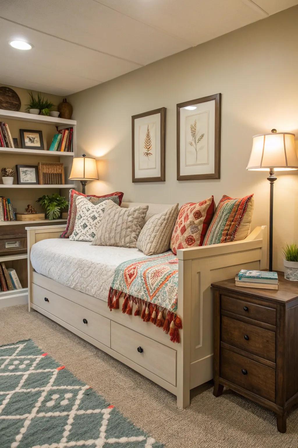 A daybed delivers versatile seating within a petite living area.