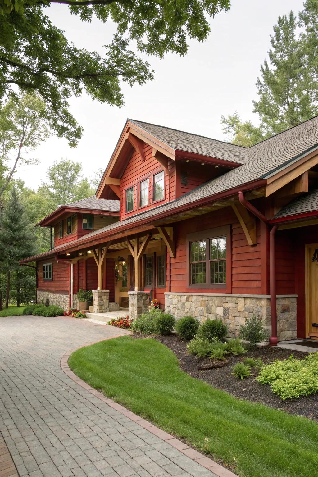 Rustic crimson and grain create a warm, homey exterior.